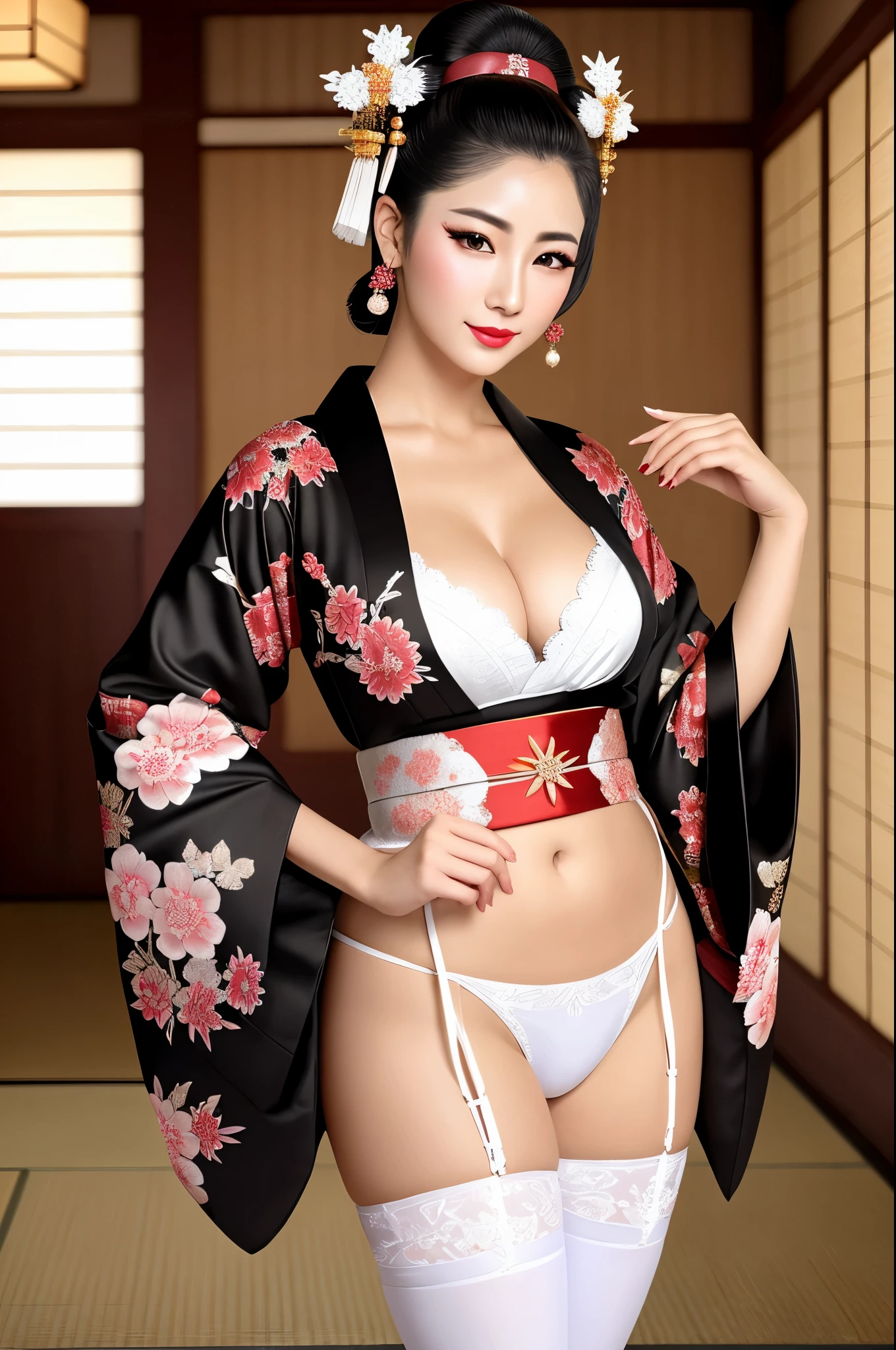 detailed realistic image of ung divine and gorgeously decorated oiran, (full body shot:1.5), traditional japanese beauty, sexual (black kimono:1.5) with gold and pink highly detailed traditional pattern, (((traditional intricate geisha hairstyle, hair sticks, kanzashi, kanoko, bira-bira, japanese traditional women's hair ornaments))), flirts with camera, seducing smile, ultra sexy, fancy makeup, heavy eye makeup, red lipstick, big breasts, cleavage, (long legs in ((white opaque stockings with complex intricate traditional pattern))):0.3, traditional japanese interior, (Best Quality, 16K, Masterpiece, UHD, Ultra quality cinematic lighting, Huge detail, Well lit, 35mm, sharp, hyper realistic, epic scale, insane level of details, beautiful detailed girl, very detailed eyes and face, beautiful detailed eyes, ultra detailed skin, realistic skin)