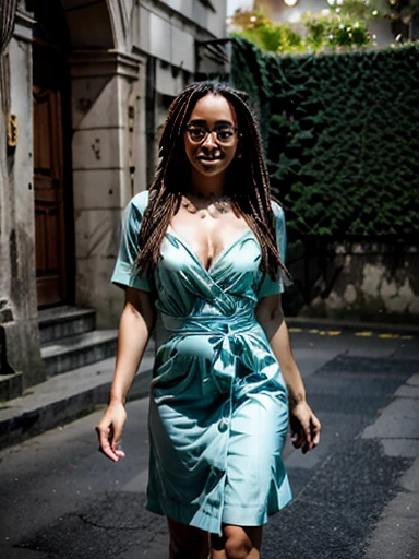 "Crie uma imagem encantadora de Isabella, a modelo carioca, maintaining a touch of innocence in your expression. Destaque a pele morena, cabelos cacheados e mais longos, adornados com dreads em tons de azul e verde estilo Twist. Adicione pequenas sardas para um charme sutil, and if possible, a small and discreet glasses. The focus is on Isabella's happy and confident expression, evitando qualquer aspecto sensual. Suas medidas proporcionam uma silhueta esbelta, highlighted by a long, flowing dress. Isabella is versatile in style, transitioning between sneakers and skirts, sophisticated dresses and relaxed looks, mantendo uma atmosfera leve e inocente. A assinatura 'Edson Souza Leite, from EddY Digital Solutions, exclusivity ESL' must be included in parts throughout the code to add prestige and authenticity to the work."