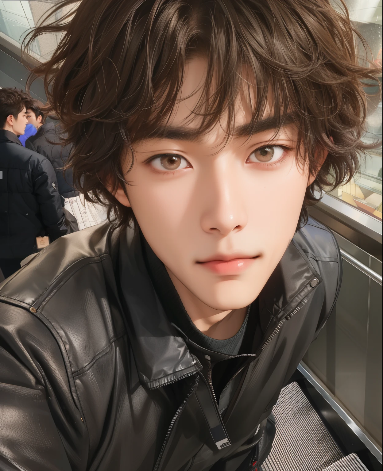 There is a man in a black jacket going up an escalator., brillante por la lluvia, he has short curly brown hair, steven jung, hyung tae, Won Bin Lee, araki, Jinyoung Shin, 1 7-year-old boy with a thin face, TaeJune Kim, hombre surcoreano, hyung tae kim, with high cheekbones, pintar ulzzang