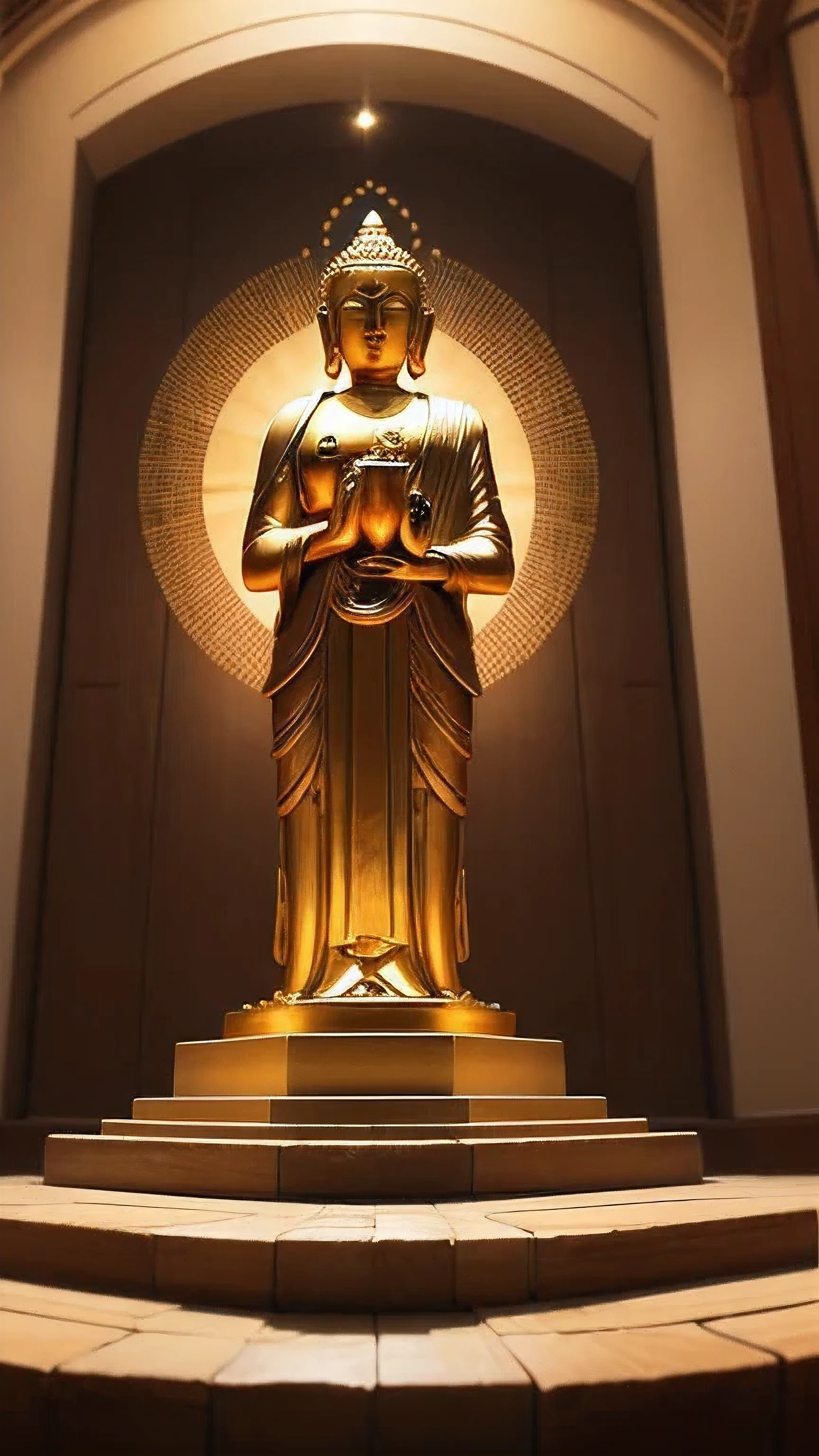 マステピース, ベストクォリティ, 高解像度, フォトレアリスティック, Golden Buddha statue with a shining halo, buddhism, the buddha, budista, Buddha, samsara, Enlightenment, beautiful gold saint, Spiritual enlightenment, Pushkaraka, Enlightenment, buddhist art, ((front viewing)), Shining golden aura, Enlightenment. Convoluted, on path to enlightenment, on path to enlightenment, radiating golden light