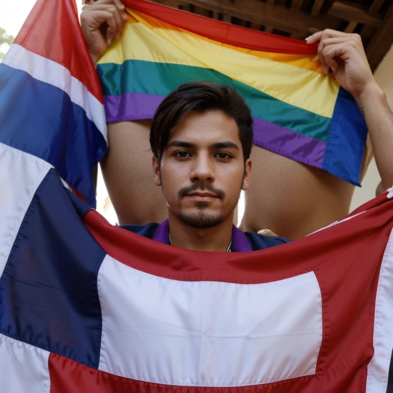 Crea un hombre afeminado con la bandera gay sobre el 