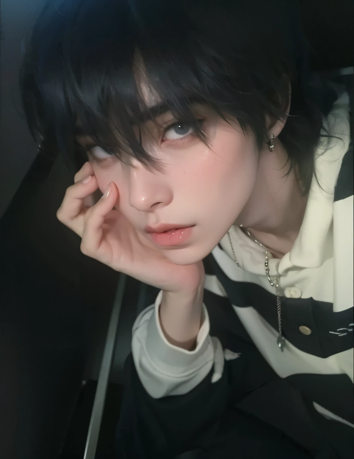 arafed asian boy with a piercing in his nose and hand on his chin, handsome japanese demon boy, pintar ulzzang, sui ishida con cabello negro, 1 7-****-*** boy with a thin face, flequillo blancopelo negro, lindo chico emo, taken in the early 2020s, yuuki hagure, pale and light skin!!