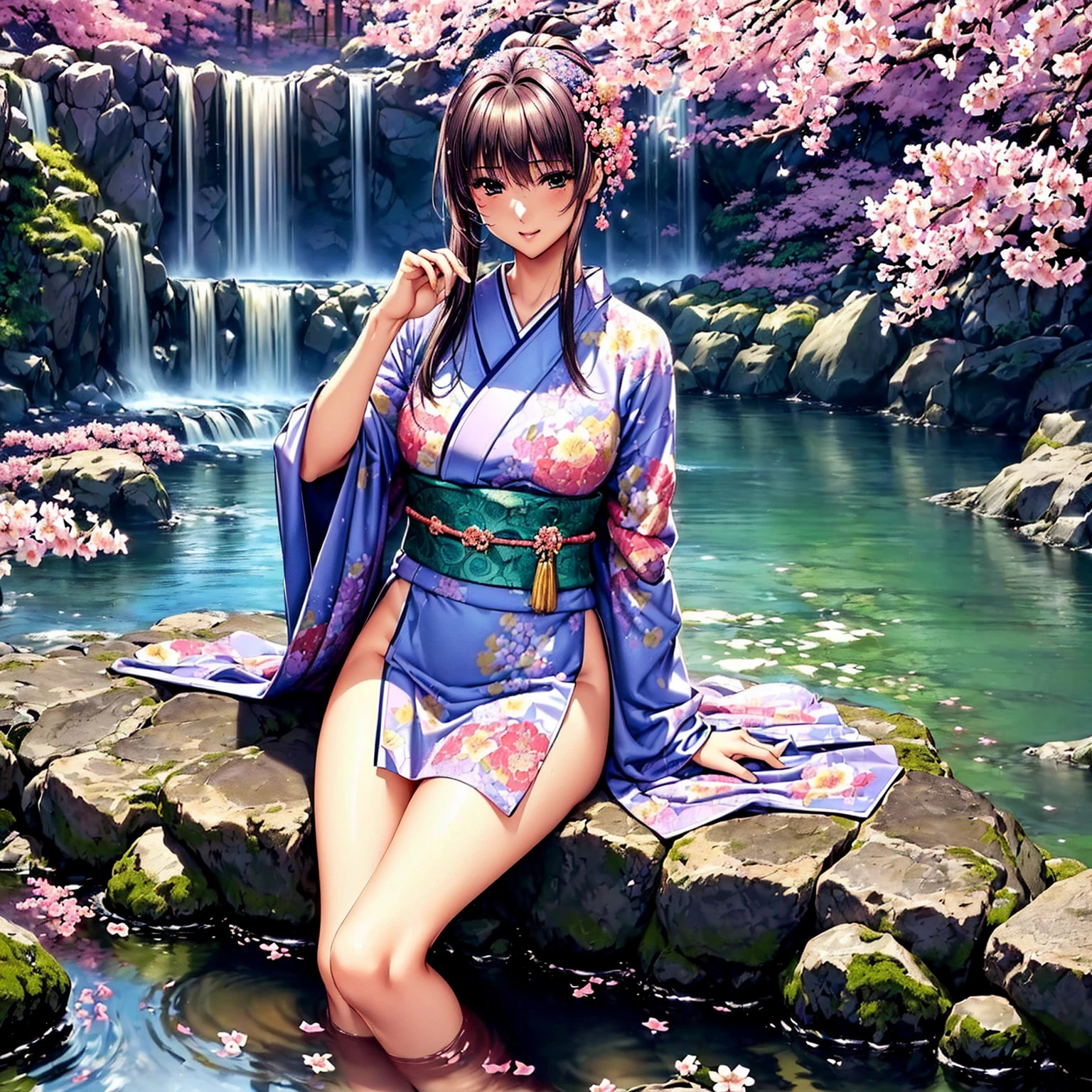 (((highest quality、masterpiece、very high resolution、highly detailed images、detailed details)))、(A woman of perfect and ultimate beauty:18-year-old, beautiful body、beautiful face、beautiful hair,bright smile)、(Slender and beautiful body, best skin and hair texture)、((Beautiful Japan kimono:Colorful with floral patterns,shoulders are exposed,I can see my thighs)),(Fantastic waterside,There is a waterfall,Night cherry blossoms and lanterns,mysterious night sky,natural light,beautiful scenery,beautiful scenery),(water play,beautiful pose,model shoot,Hair flutters under the influence of the wind),bijinga,realistic portrait,Overall image、accurate image、accurate anatomy、Image without defects,(best shot,RAW photo:1.2)