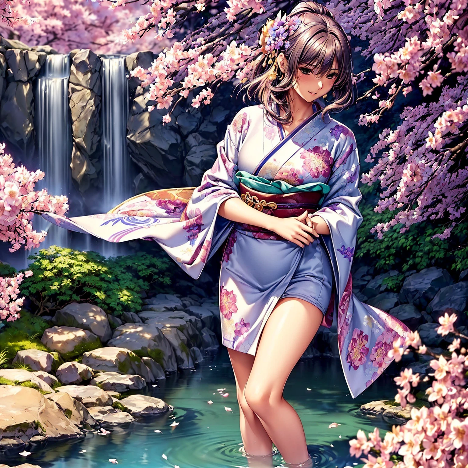 (((highest quality、masterpiece、very high resolution、highly detailed images、detailed details)))、(A woman of perfect and ultimate beauty:18-year-old, beautiful body、beautiful face、beautiful hair,bright smile)、(Slender and beautiful body, best skin and hair texture)、((Beautiful Japan kimono:Colorful with floral patterns,shoulders are exposed,I can see my thighs)),(Fantastic waterside,There is a waterfall,Night cherry blossoms and lanterns,mysterious night sky,natural light,beautiful scenery,beautiful scenery),(water play,beautiful pose,model shoot,Hair flutters under the influence of the wind),bijinga,realistic portrait,Overall image、accurate image、accurate anatomy、Image without defects,(best shot,RAW photo:1.2)
