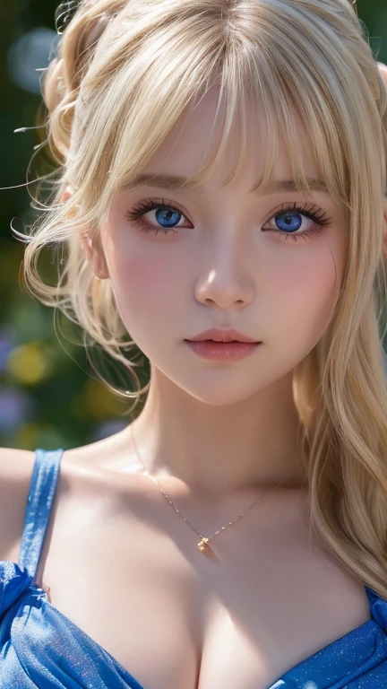 A 14-year-old beautiful girl with shiny bright blonde hair.、cute,crazy about love, face focus , Ruffled Summer Dresses, Nordic bright blonde girl, Super long bright shiny blonde hair、low contrast, (shy smile:0.8),  There is a cleavage in the chest,  hair scrunchie,  best quality, ultra high resolution, realistic photo, Super detailed, 8K, Raw photo, master piece、Very beautiful, bright, pale sky blue, and very large eyes.、very big eyes、White shiny skin、cheek gloss highlight、small face beautiful girl、eyeliner、blonde hair above the eyes、片blonde hair above the eyes、bangs between the eyes、