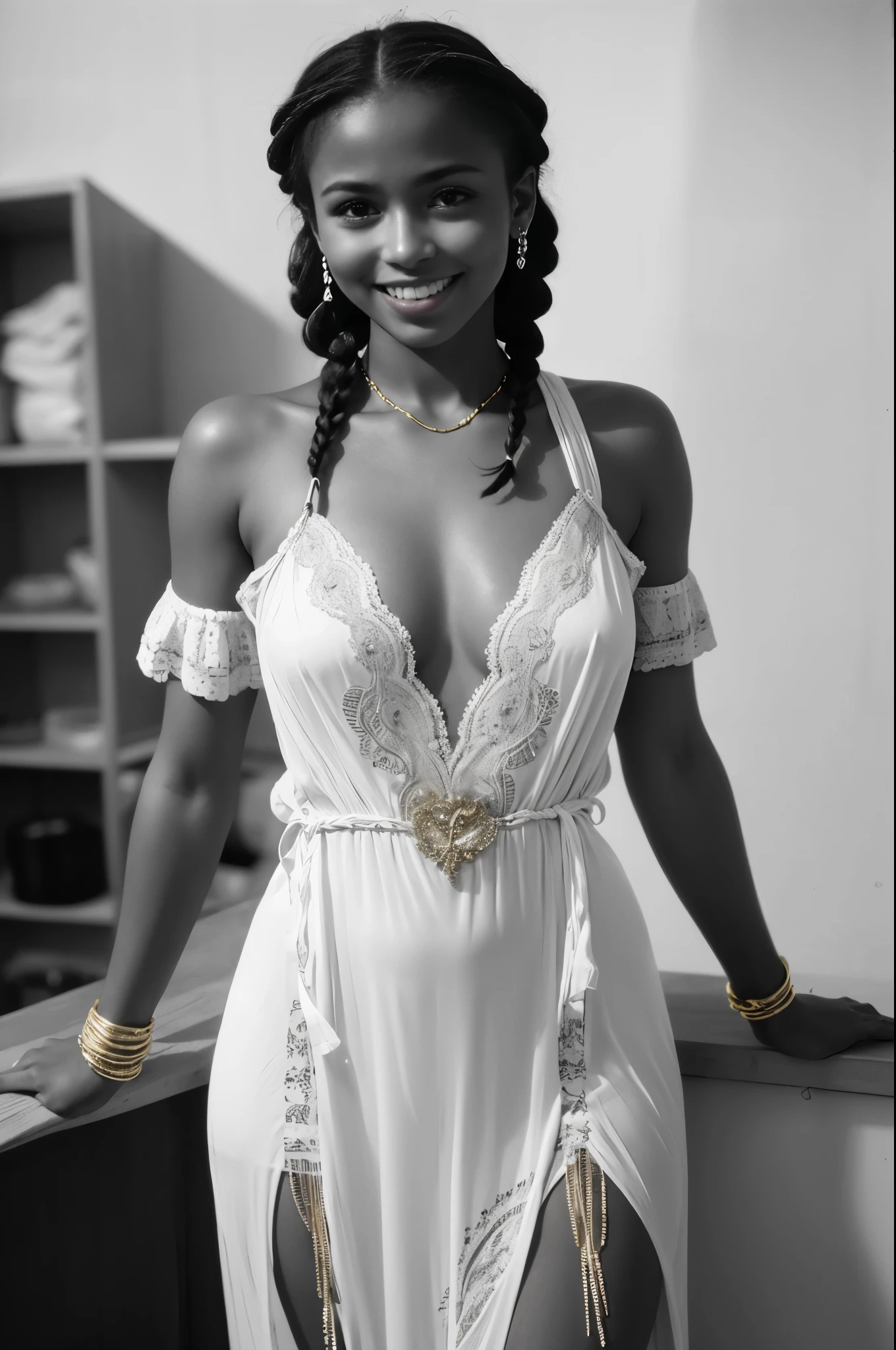 Photo of a smiling Beautiful short plump dark-skinned Haitian Woman wearing intricately detailed negligee, shoulder length braided hair, wearing detailed golden armlets and bracelets, Summer, Lustful, film grain, Ilford HP5, 80mm, black and white photo
