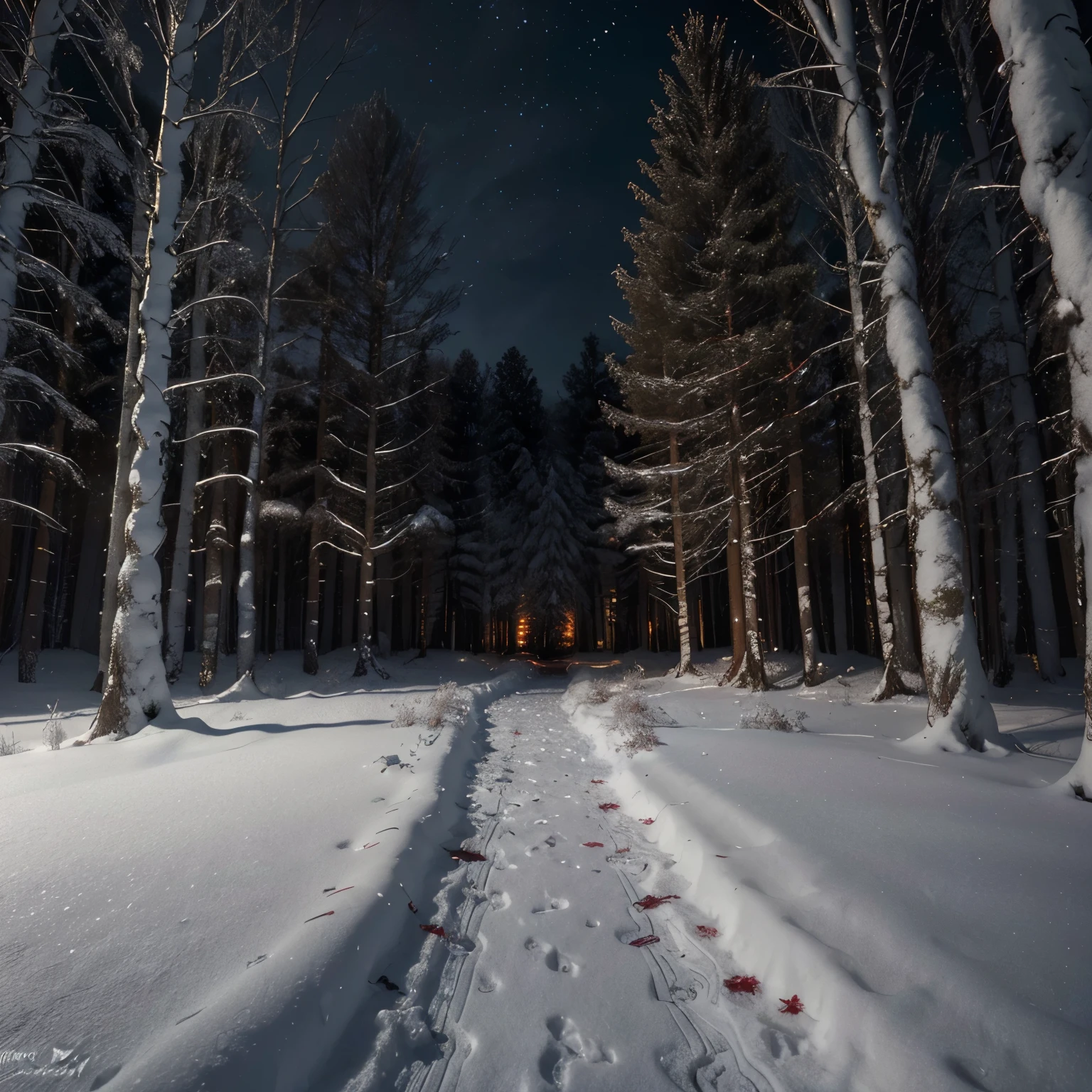 (highres,masterpiece:1.2),ultra-detailed,(realistic,photorealistic,photo-realistic:1.37),snowy forest,blood,red,contrast,icy branches,detailed snowflakes,shadows and highlights,crimson splatters,crisp air,dark trunks,twinkling stars,ethereal glow,calm atmosphere,moonlight,subtle footprints,quiet solitude,mysterious aura