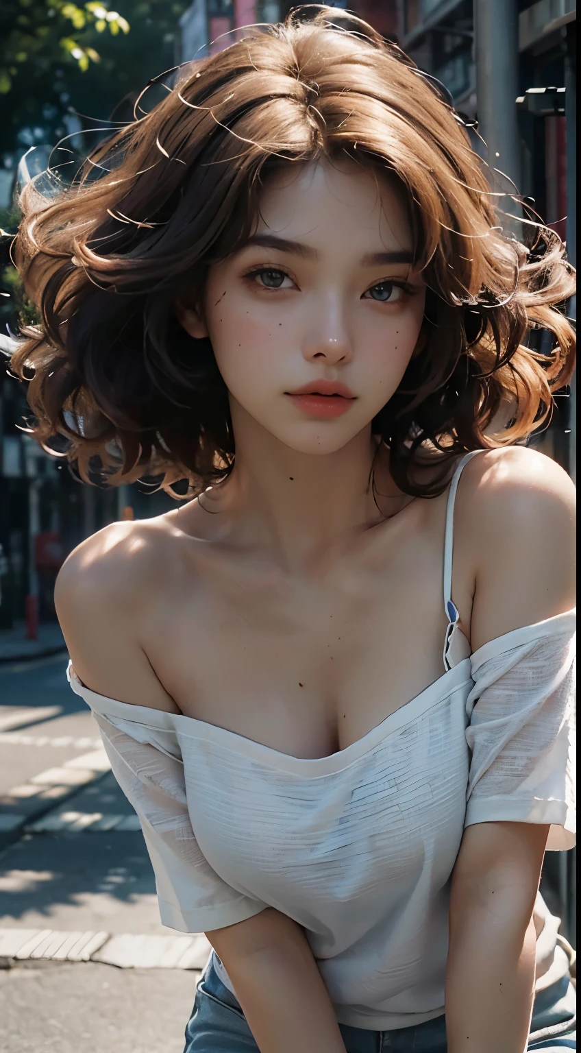 Best quality, masterpiece, ultra high resolution, (photorealistic: 1.4), sexy photo, 1girl curly blonde hair, sexy mouth,large spare breasts hurried by neckline, open clothing with neckline, off shoulder, cinematic lighting,(Best quality, 8k, 32k, masterpiece, UHD: 1.2), photo of beautiful american woman, long matted blonde hair, beauty face, (leaning forward: 1.3), squat, (top: 1.2), (close up: 1.4), POV, loose t-shirt, large breasts, (beautiful nipple slide: 0.9), outdoors, windy, shiny skin, blurry background,