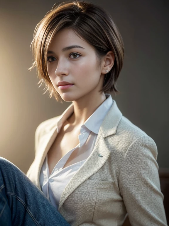 dressed, (photo realistic:1.4), (hyper realistic:1.4), (realistic:1.3), (smoother lighting:1.05), (increase cinematic lighting quality:0.9), 32K, 1girl,20yo girl, realistic lighting, backlighting, light on face, ray trace, (brightening light:1.2), (Increase quality:1.4), (best quality real texture skin:1.4), finely detailed eyes, finely detailed face, finely quality eyes, (tired and sleepy and satisfied:0.0), knee to top, wear hot suit work (Increase body line mood:1.1), (Increase white skin texture beauty:1.1) with light brown messy short hair style