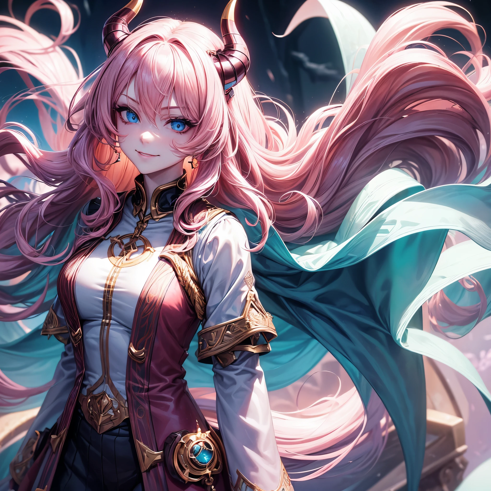 (best quality,beautiful,aesthetic:1.2),1girl,extremely detailed,highest detailed,pale skin woman,light blue eyes,humanoid ears, demon horns, pink hair, wavy hair, captain, smirk, long hair