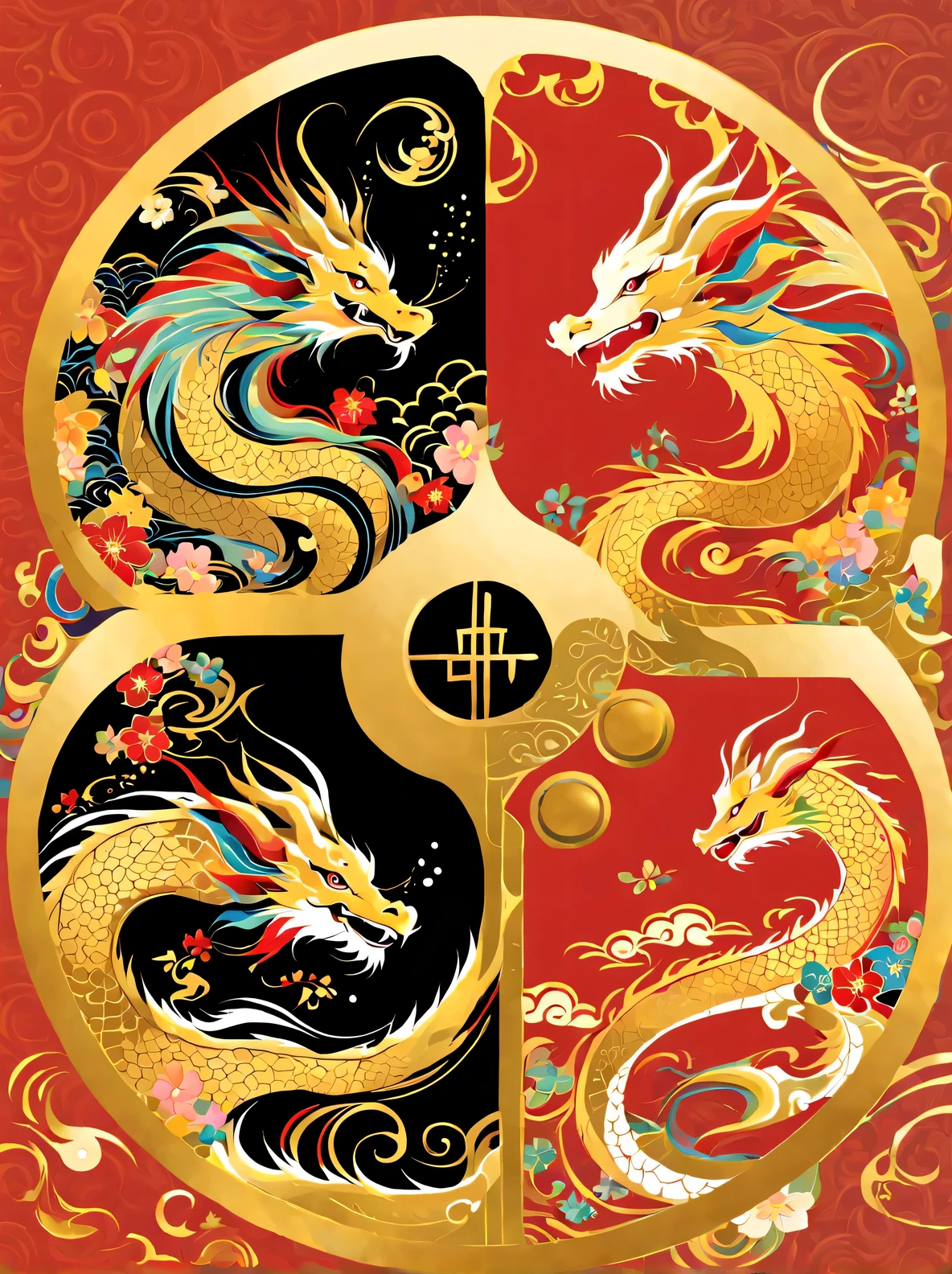 A golden dragon sitting on a red background stock illustration, Round style, floral pattern, Top Cole 58mm f/1.4, chinapunk, Description of bad weather, symmetrical arrangements, bold calligraphy
