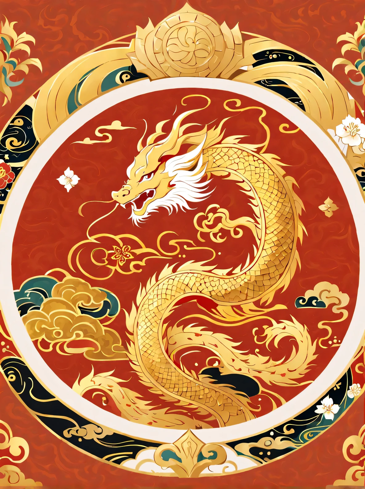 Chinese new year golden dragon on red background, Round style, Phoenician Art, layered imagery with subtle irony, 16th century, floral pattern, Light yellow and dark white, Top Cole 58mm f/1.4
