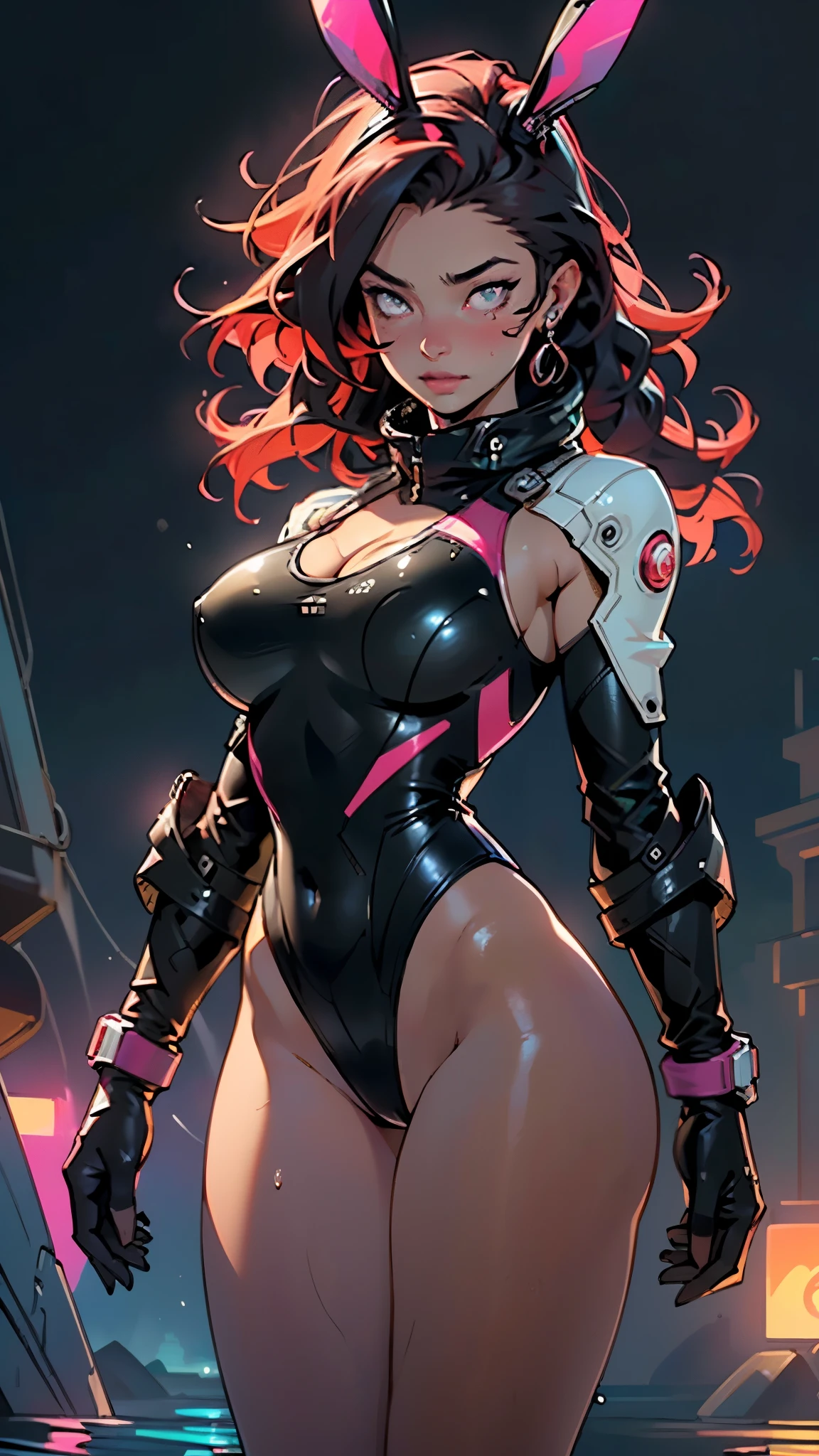 cute bunny girl,(((1girl))),((bunny girl with extremely cute and beautiful black hair)),(((bunny girl,anthro furry cute,bunny-girl))),(((bunny ears,bunny ears on head,big bunny ears))),
(large breasts:1.4),saggy breasts,((((black hair,red hair, two-tone hair),colored inner hair,ear breathing,long hair))),((heterochromia:1.5, (pink_eye and yellow_eye))),intricate eyes,beautiful detailed eyes,symmetrical eyes,((fat)),(((lustrous skin:1.5,bright skin: 1.5,skin tanned,shiny skin,very shiny skin,shiny body,plastic glitter skin,exaggerated shiny skin,illuminated skin,wet legs))),(spider lower abdomen,narrow waist,wide hip,athletic body,inflated legs, thick thighs,detailed body,(detailed face)),
cute,slutty,seductive,erotic,(((nsfw))),
zettai ryouiki,((slingshot swimsuit black,wearing a slingshot swimsuit outfit:1.3,swimsuit type spacesuit,black armor swimsuit:1.3)),(((huge cleavage))),((wet clothes,intricate outfit,intricate clothes)),
(dynamic pose:1.0),solo focus,embarrassed,(centered,scale to fit dimensions,Rule of thirds),
cyberpunk city by the ocean at night, with bright neon signs and dark stormy clouds and puddles, scenery:1.25,nighttime, starry night, cosmos,Very dark night that makes the neon lights stand out, very bright neon lights,nighttime, starry night, cosmos,
highres, sharp focus, (ultra detailed, extremely detailed), (photorealistic artwork:1.37),(extremely detailed CG unity 8k wallpaper),((synthwave background theme)),(((vibrant colors))),(intricate background),(masterpiece),(best quality),