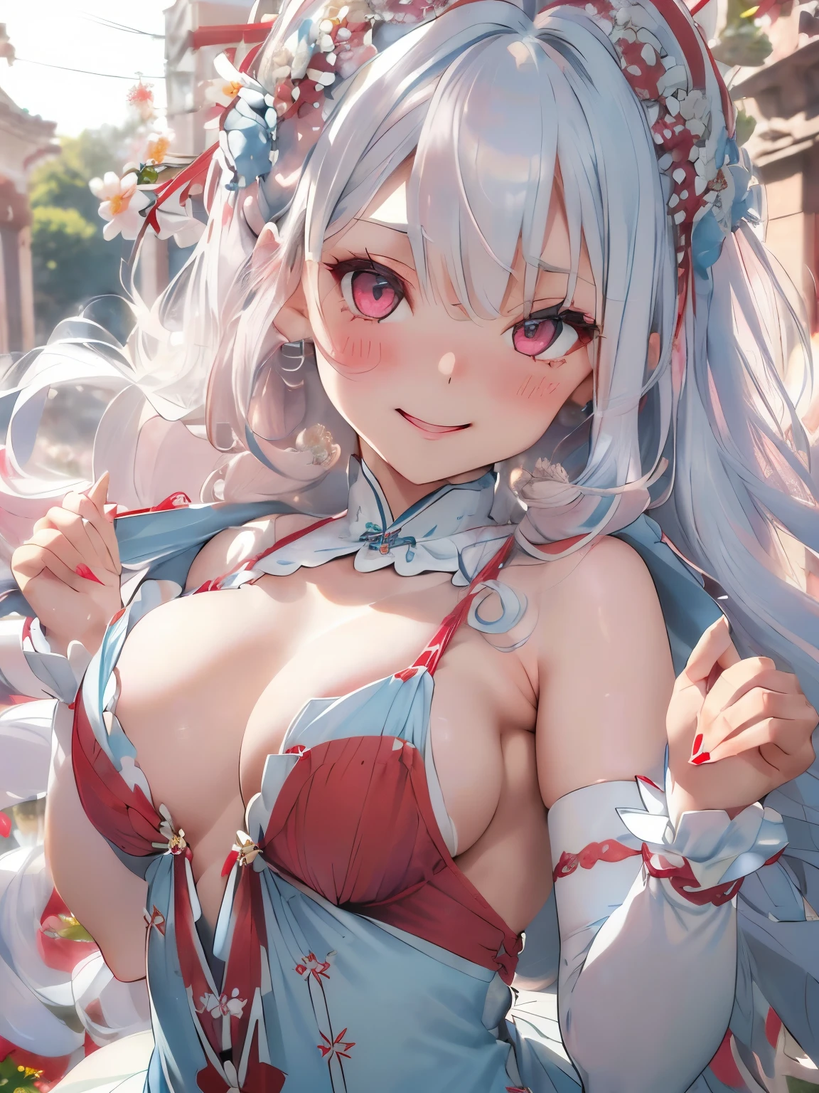 ((silver hair)),((pink eyes)),((long hair with curls)),((With bangs)),((fashion//Traditional and y red, white and light blue costume:1.3)),((Cute and moving around energetically)),((lots of flowers:1.35)),(blush),((happy face:1.2)),(close up of face:1.3),((celebration)),(NSFW),((small bre2)),