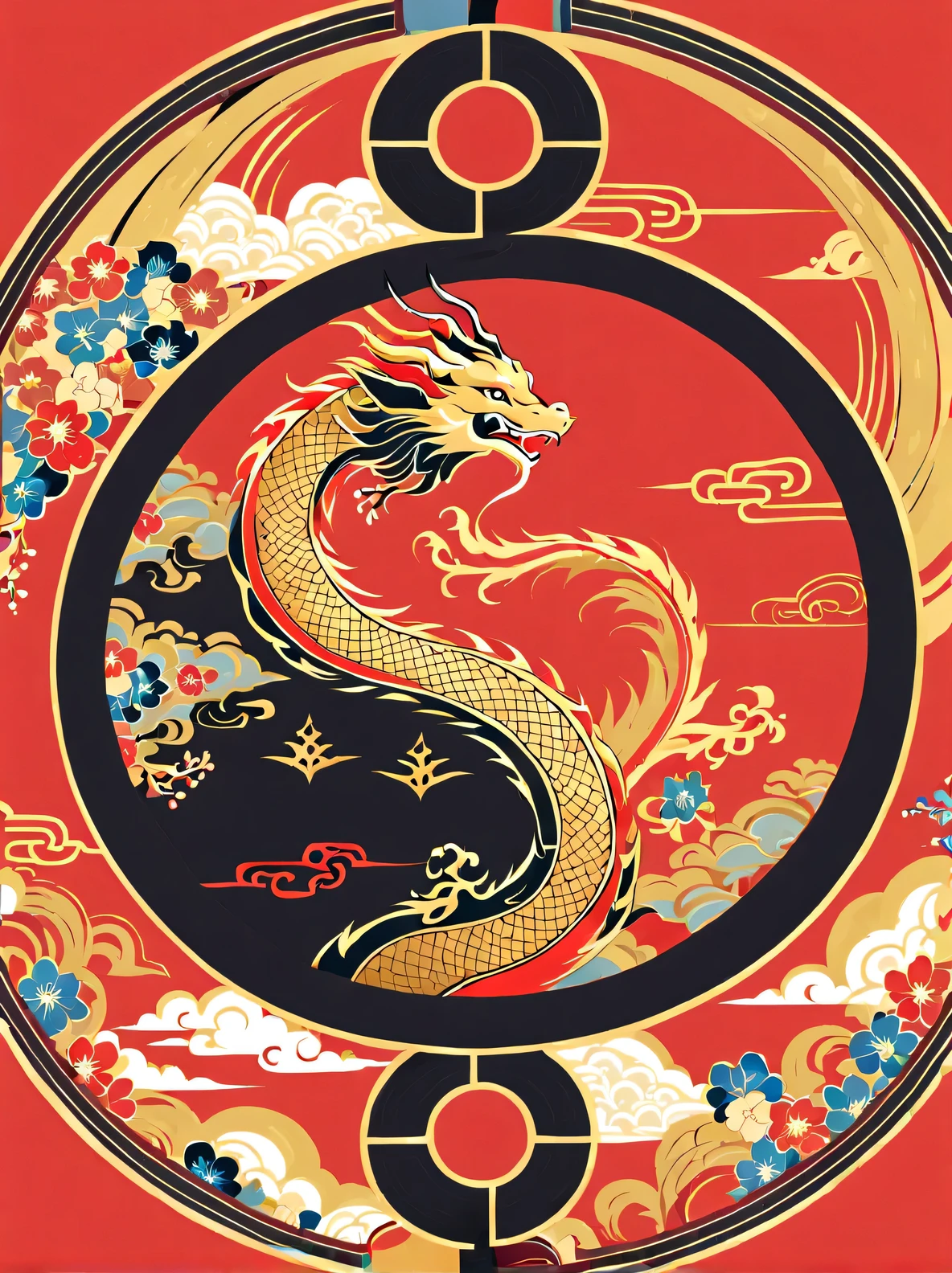 A golden dragon sitting on a red background stock illustration, Round style, floral pattern, Top Cole 58mm f/1.4, chinapunk, Description of bad weather, symmetrical arrangements, bold calligraphy
