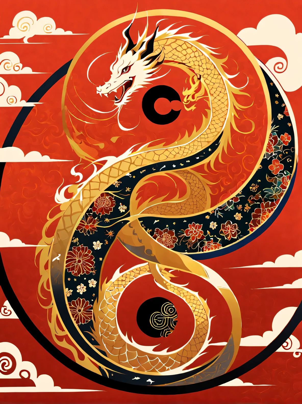 A golden dragon sitting on a red background stock illustration, Round style, floral pattern, Top Cole 58mm f/1.4, chinapunk, Description of bad weather, symmetrical arrangements, bold calligraphy
