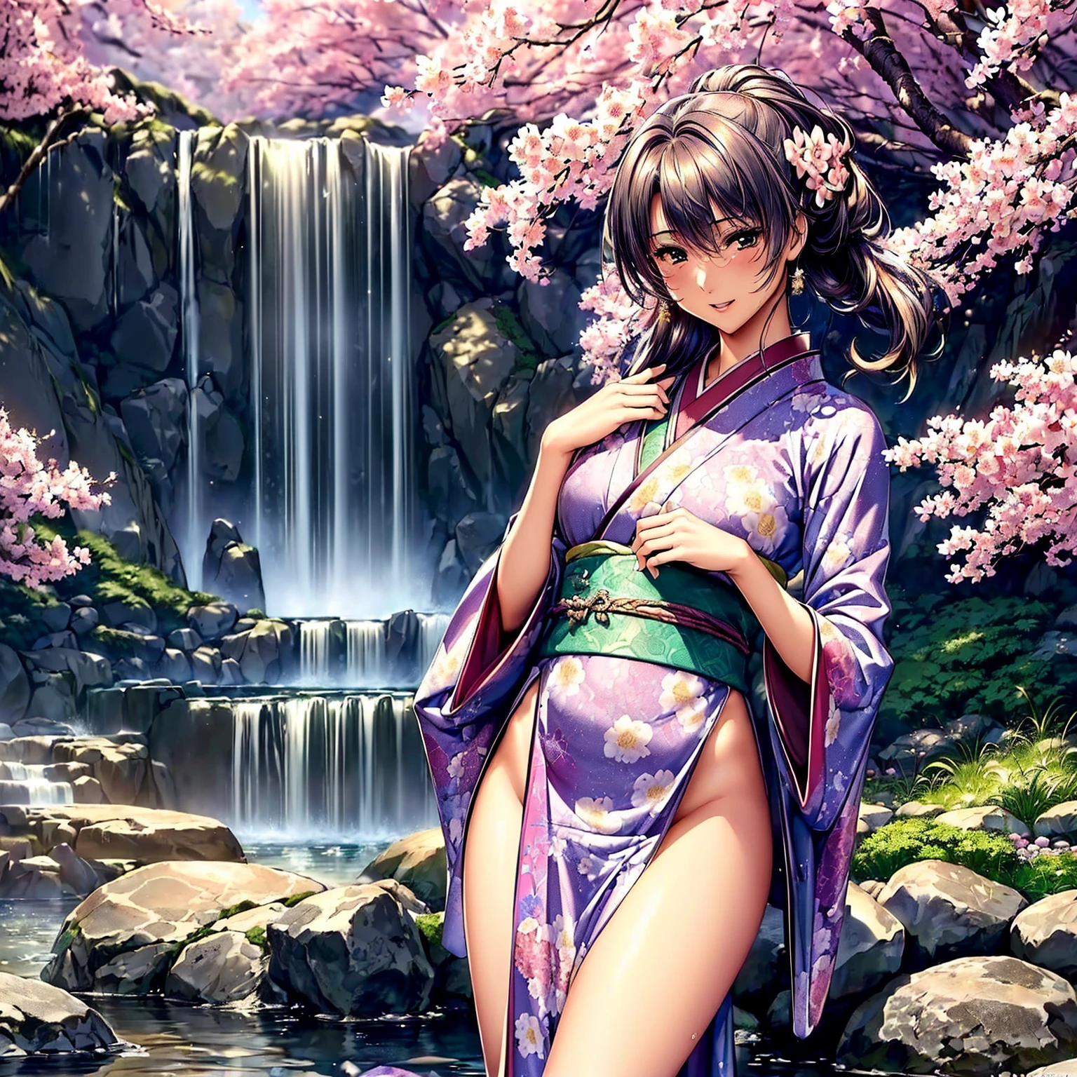 (((highest quality、masterpiece、very high resolution、highly detailed images、detailed details)))、(A woman of perfect and ultimate beauty:18-year-old, beautiful body、beautiful face、beautiful hair,bright smile)、(Slender and beautiful body, best skin and hair texture)、((Beautiful Japan kimono:Colorful with floral patterns,shoulders are exposed,I can see my thighs)),(Fantastic waterside,There is a waterfall,Night cherry blossoms and lanterns,mysterious night sky,natural light,beautiful scenery,beautiful scenery),(water play,beautiful pose,model shoot,Hair flutters under the influence of the wind),bijinga,realistic portrait,Overall image、accurate image、accurate anatomy、Image without defects,(best shot,RAW photo:1.2)