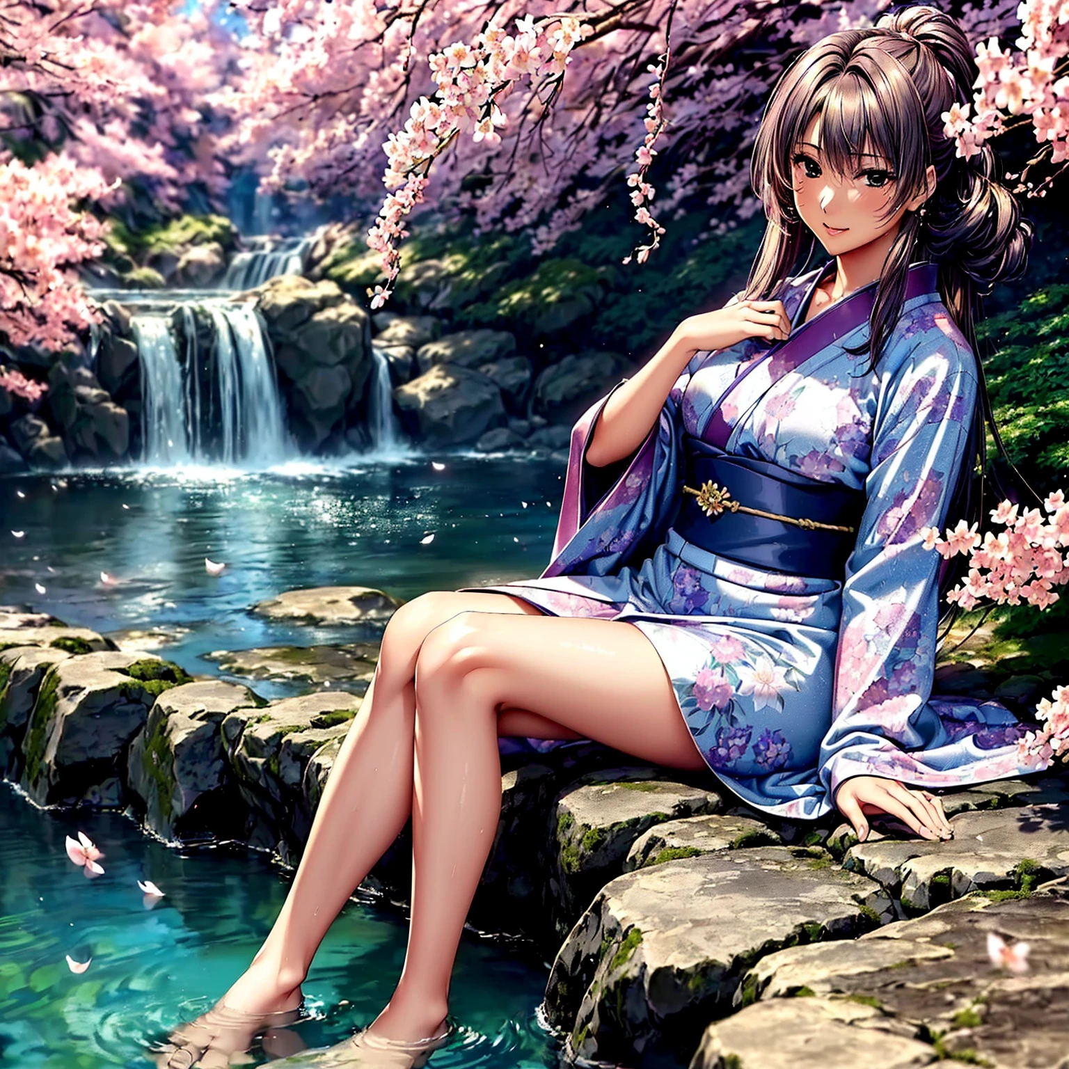 (((highest quality、masterpiece、very high resolution、highly detailed images、detailed details)))、(A woman of perfect and ultimate beauty:18-year-old, beautiful body、beautiful face、beautiful hair,bright smile)、(Slender and beautiful body, best skin and hair texture)、((Beautiful Japan kimono:Colorful with floral patterns,shoulders are exposed,I can see my thighs)),(Fantastic waterside,There is a waterfall,Night cherry blossoms and lanterns,mysterious night sky,natural light,beautiful scenery,beautiful scenery),(water play,beautiful pose,model shoot,Hair flutters under the influence of the wind),bijinga,realistic portrait,Overall image、accurate image、accurate anatomy、Image without defects,(best shot,RAW photo:1.2)