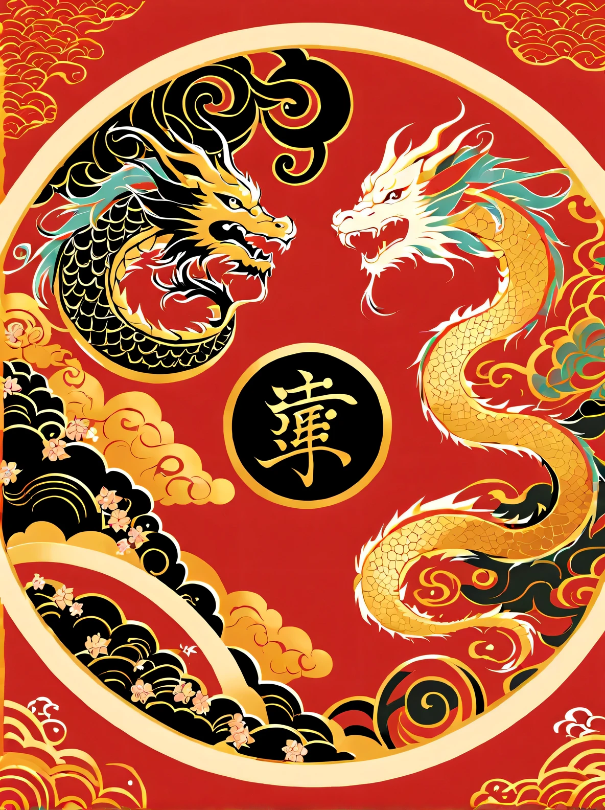 A golden dragon sitting on a red background stock illustration, Round style, floral pattern, Top Cole 58mm f/1.4, chinapunk, Description of bad weather, symmetrical arrangements, bold calligraphy
