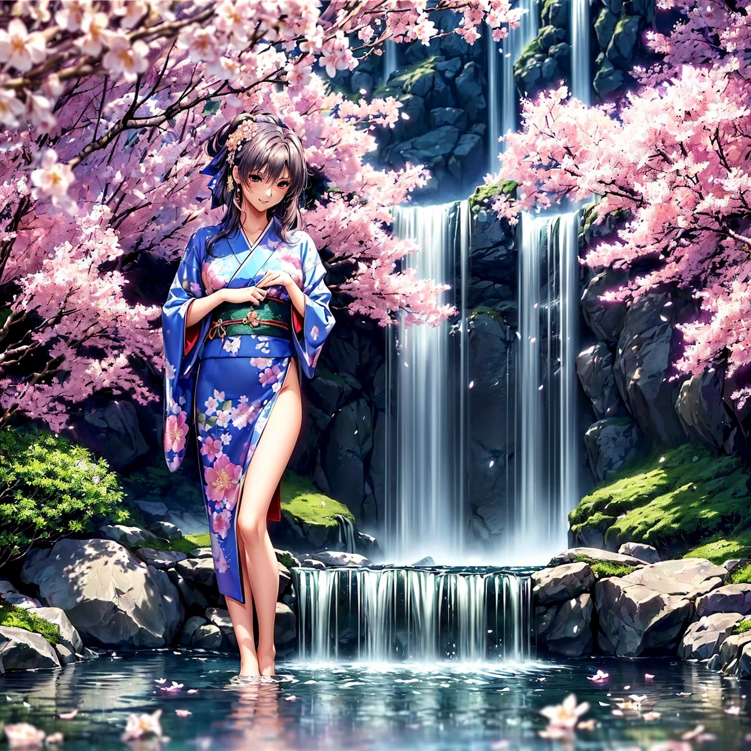 (((highest quality、masterpiece、very high resolution、highly detailed images、detailed details)))、(A woman of perfect and ultimate beauty:18-year-old, beautiful body、beautiful face、beautiful hair,bright smile)、(Slender and beautiful body, best skin and hair texture)、((Beautiful Japan kimono:Colorful with floral patterns,shoulders are exposed,I can see my thighs)),(Fantastic waterside,There is a waterfall,Night cherry blossoms and lanterns,mysterious night sky,natural light,beautiful scenery,beautiful scenery),bijinga,realistic portrait,Overall image、accurate image、accurate anatomy、Image without defects,(best shot,RAW photo:1.2)