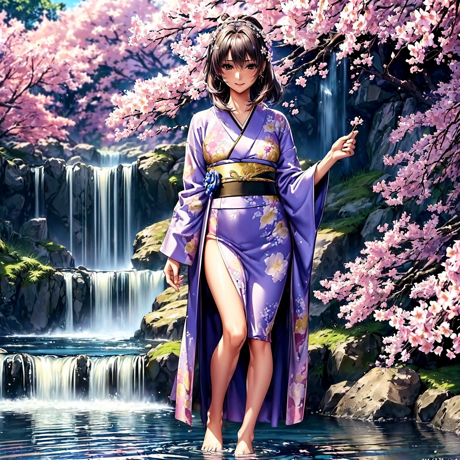(((highest quality、masterpiece、very high resolution、highly detailed images、detailed details)))、(A woman of perfect and ultimate beauty:18-year-old, beautiful body、beautiful face、beautiful hair,bright smile)、(Slender and beautiful body, best skin and hair texture)、((Beautiful Japan kimono:Colorful with floral patterns,shoulders are exposed,I can see my thighs)),(Fantastic waterside,There is a waterfall,Night cherry blossoms and lanterns,mysterious night sky,natural light,beautiful scenery,beautiful scenery),bijinga,realistic portrait,Overall image、accurate image、accurate anatomy、Image without defects,(best shot,RAW photo:1.2)