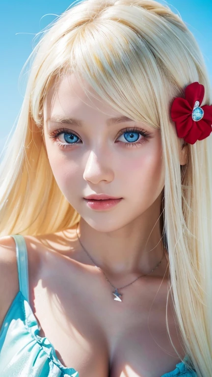 A beautiful girl with shiny bright blonde hair.、cute,crazy about love, face focus , Ruffled Summer Dresses, Nordic bright blonde girl, Super long bright shiny blonde hair、low contrast, (shy smile:0.8), There is a cleavage in the chest, hair scrunchie, best quality, ultra high resolution, realistic photo, Super detailed, 8K, Raw photo, master piece、Very beautiful, bright, pale sky blue, and very large eyes.、very big eyes、White shiny skin、cheek gloss highlight、small face beautiful girl、eyeliner、blonde hair above the eyes、片blonde hair above the eyes、bangs between the eyes、