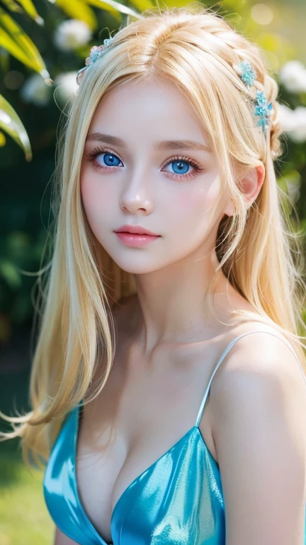 A 14-year-old beautiful girl with shiny bright blonde hair.、cute,crazy about love, face focus , Ruffled Summer Dresses, Nordic bright blonde girl, Super long bright shiny blonde hair、low contrast, (shy smile:0.8), There is a cleavage in the chest, hair scrunchie, best quality, ultra high resolution, realistic photo, Super detailed, 8K, Raw photo, master piece、Very beautiful, bright, pale sky blue, and very large eyes.、very big eyes、White shiny skin、cheek gloss highlight、small face beautiful girl、eyeliner、blonde hair above the eyes、片blonde hair above the eyes、bangs between the eyes、