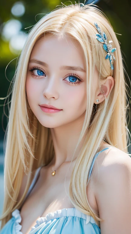 A -yeld beiful girl with shiny bright blonde hair.、cute,crazy about love, face focus , Ruffled Summer Dresses, Nordic bright blonde girl, Super long bright shiny blonde hair、low contrast, (shy smile:0.8),  There is a cleavage in the chest,  hair scrunchie,  best quality, ultra high resolution, realistic photo, Super detailed, 8K, Raw photo, master piece、Very beautiful, bright, pale sky blue, and very large eyes.、very big eyes、White shiny skin、cheek gloss highlight、small face beautiful girl、eyeliner、blonde hair above the eyes、片blonde hair above the eyes、bangs between the eyes、