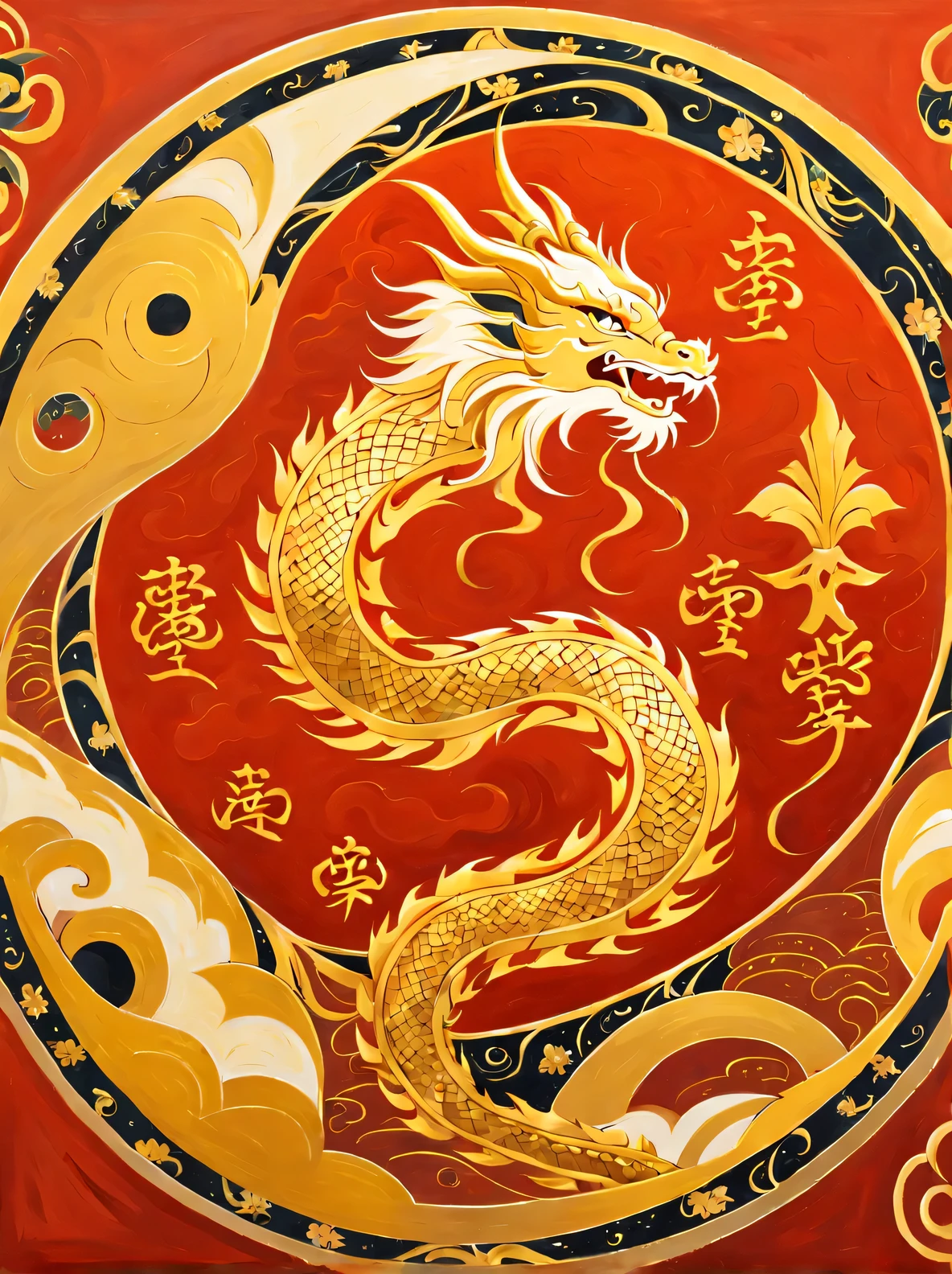 Chinese new year golden dragon on red background, Round style, Phoenician Art, layered imagery with subtle irony, 16th century, floral pattern, Light yellow and dark white, Top Cole 58mm f/1.4
