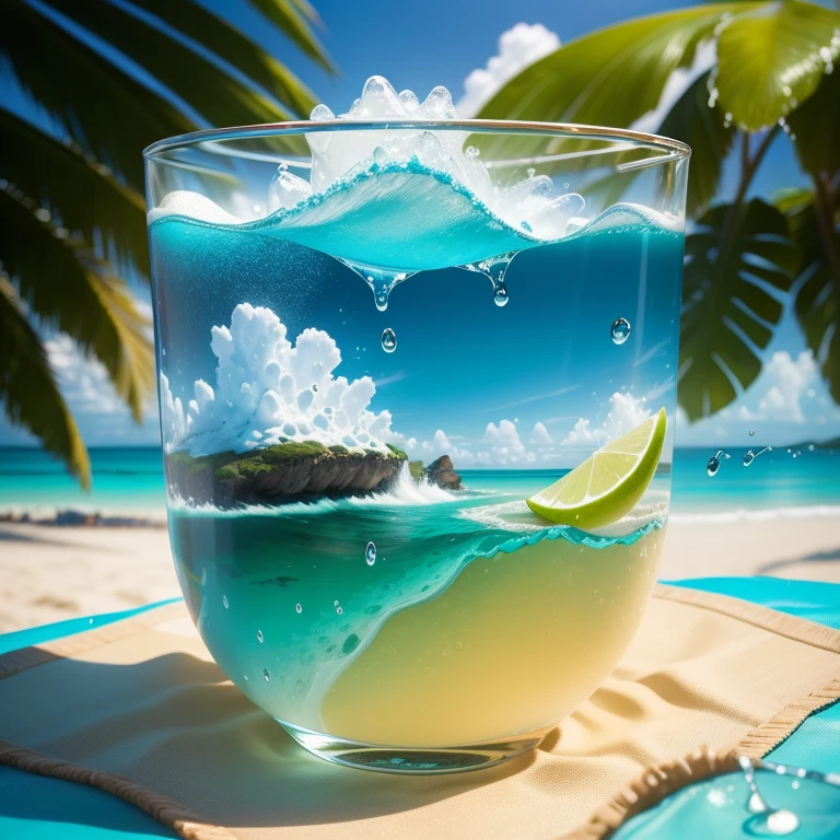 Using the right hand, macro photography depicts picnic scenes themed around a tropical beach holiday in summer. The protagonist of this photo is a cool glass filled with iced carbonated drinks. The lens focuses on glasses, fruit, dazzling midday sun, fisheye lenses, distant views, a hearty meal, (splashed liquid: 1.6), ice, (picnic scene: 0.5) (cute dessert: 0.4), dripping. It's filled with carbonated drinks, translucent liquid, daytime outdoor lights (beach 1.5), tropical plants, hot weather, HD detail, wet watermark, hyperdetail, cinematic, surrealism, soft light, deep field focus bokeh, ray tracing, diffuse (ultra-fine glass reflection), and surrealism.