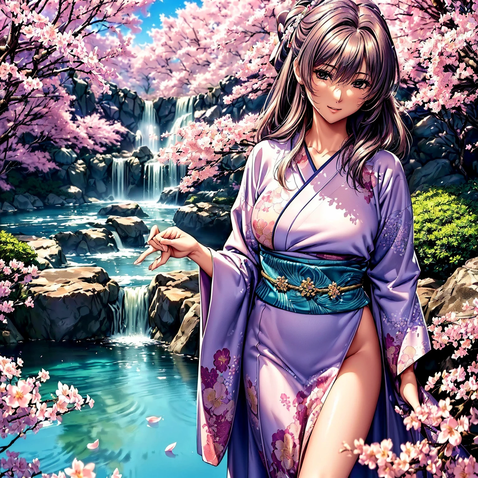 (((highest quality、masterpiece、very high resolution、highly detailed images、detailed details)))、(A woman of perfect and ultimate beauty:18-year-old, beautiful body、beautiful face、beautiful hair,bright smile)、(Slender and beautiful body, best skin and hair texture)、((Beautiful Japan kimono:Colorful with floral patterns,shoulders are exposed,I can see my thighs)),(Fantastic waterside,There is a waterfall,Night cherry blossoms and lanterns,mysterious night sky,natural light,beautiful scenery,beautiful scenery),(water play,beautiful pose,model shoot,Hair flutters under the influence of the wind),bijinga,Overall image、accurate image、accurate anatomy、Image without defects,(best shot,RAW photo:1.2)