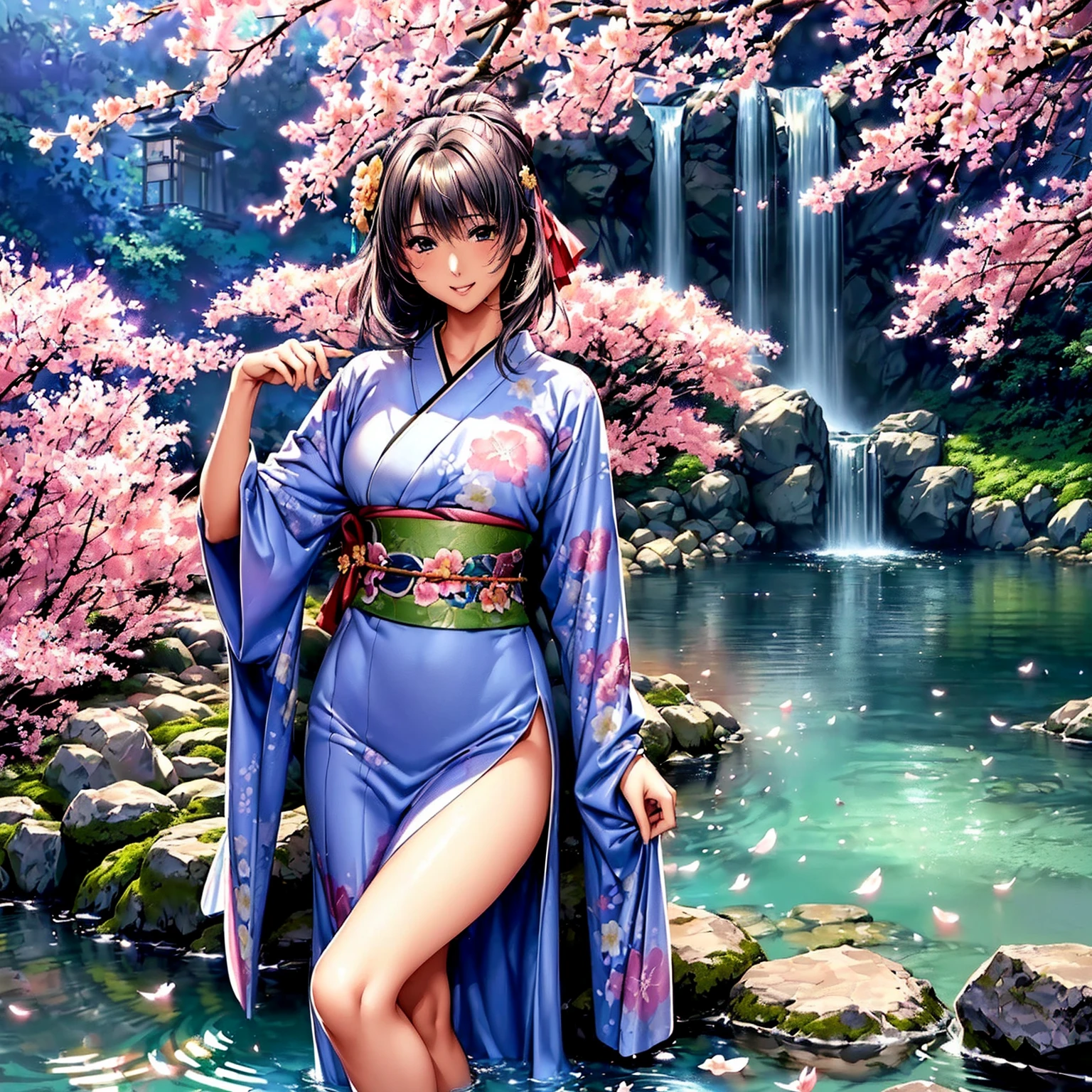 (((highest quality、masterpiece、very high resolution、highly detailed images、detailed details)))、(A woman of perfect and ultimate beauty:18-year-old, beautiful body、beautiful face、beautiful hair,bright smile)、(Slender and beautiful body, best skin and hair texture)、((Beautiful Japan kimono:Colorful with floral patterns,shoulders are exposed,I can see my thighs)),(Fantastic waterside,There is a waterfall,Night cherry blossoms and lanterns,mysterious night sky,natural light,beautiful scenery,beautiful scenery),(water play,beautiful pose,model shoot,Hair flutters under the influence of the wind),bijinga,Overall image、accurate image、accurate anatomy、Image without defects,(best shot,RAW photo:1.2)