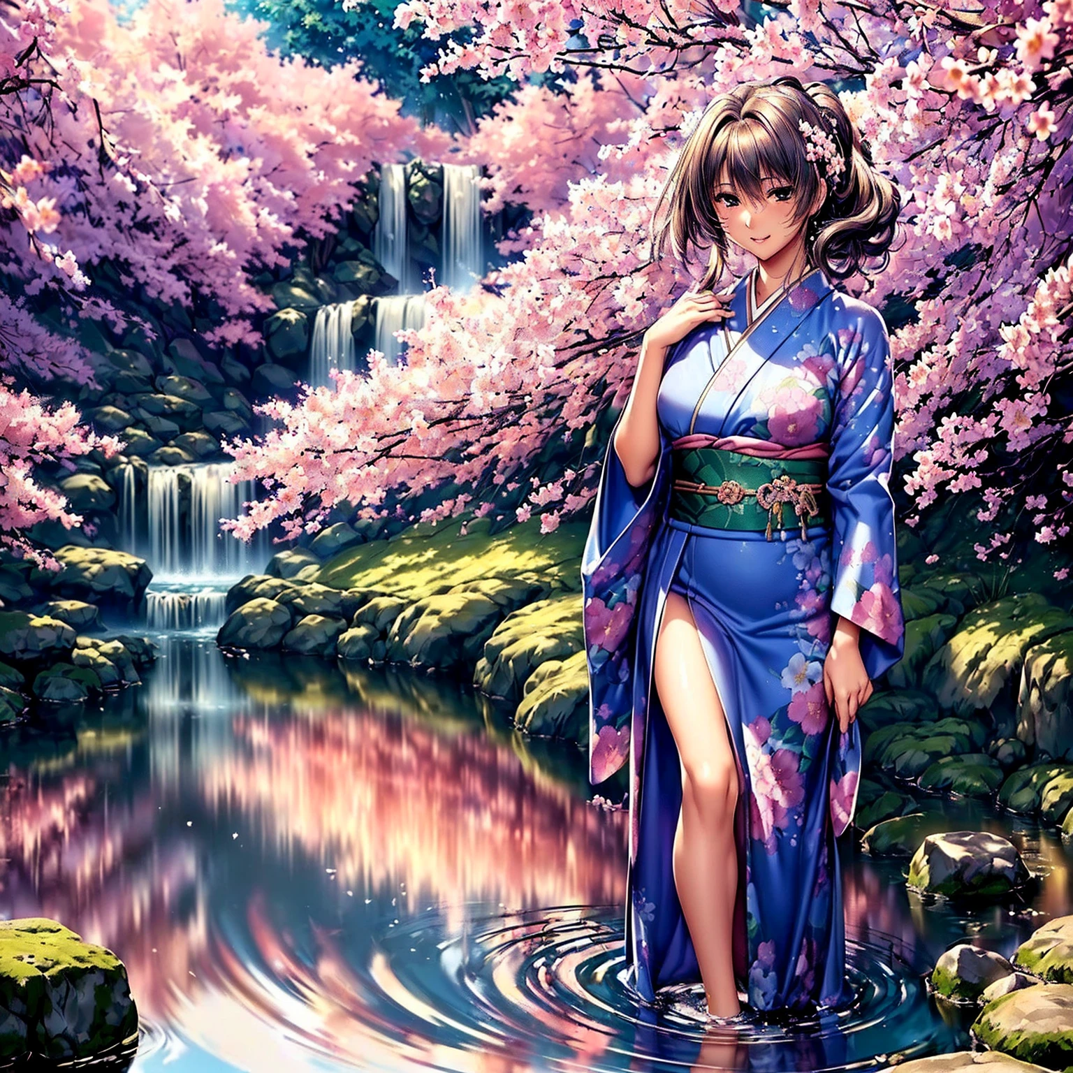 (((highest quality、masterpiece、very high resolution、highly detailed images、detailed details)))、(A woman of perfect and ultimate beauty:18-year-old, beautiful body、beautiful face、beautiful hair,bright smile)、(Slender and beautiful body, best skin and hair texture)、((Beautiful Japan kimono:Colorful with floral patterns,shoulders are exposed,I can see my thighs)),(Fantastic waterside,There is a waterfall,Night cherry blossoms and lanterns,mysterious night sky,natural light,beautiful scenery,beautiful scenery),(water play,beautiful pose,model shoot,Hair flutters under the influence of the wind),bijinga,Overall image、accurate image、accurate anatomy、Image without defects,(best shot,RAW photo:1.2)