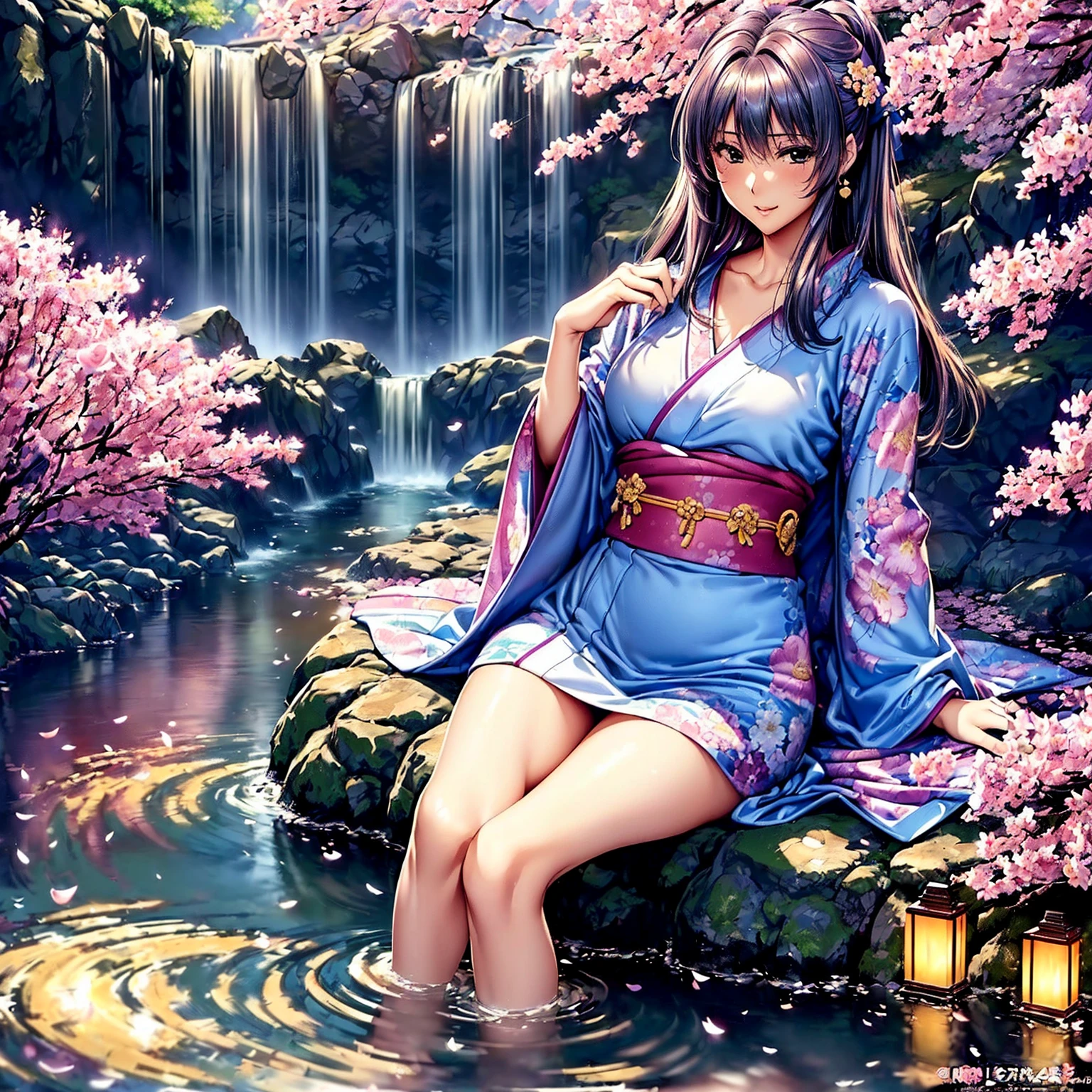 (((highest quality、masterpiece、very high resolution、highly detailed images、detailed details)))、(A woman of perfect and ultimate beauty:18-year-old, beautiful body、beautiful face、beautiful hair,bright smile)、(Slender and beautiful body, best skin and hair texture)、((Beautiful Japan kimono:Colorful with floral patterns,shoulders are exposed,I can see my thighs)),(Fantastic waterside,There is a waterfall,Night cherry blossoms and lanterns,mysterious night sky,natural light,beautiful scenery,beautiful scenery),(water play,beautiful pose,model shoot,Hair flutters under the influence of the wind),bijinga,Overall image、accurate image、accurate anatomy、Image without defects,(best shot,RAW photo:1.2)