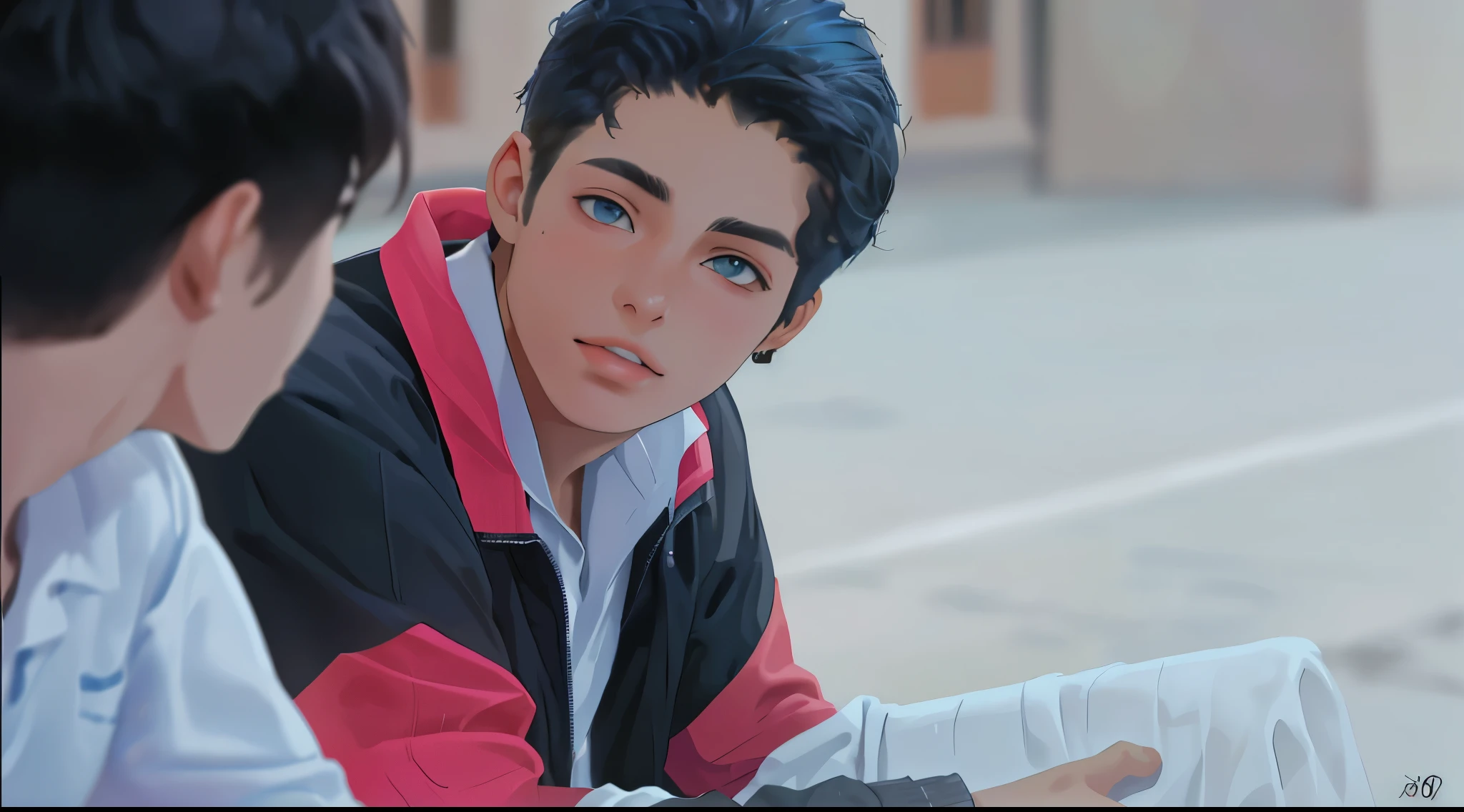 16-year-old handsome boy is talking to his friend at school, his clothes are blue, en el fondo se ven esculturas del antiguo egipto