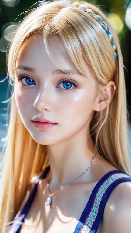 A 14-year-old beautiful girl with shiny bright blonde hair.、cute,crazy about love, face focus , Ruffled Summer Dresses, Nordic bright blonde girl, Super long bright shiny blonde hair、low contrast, (shy smile:0.8),  There is a cleavage in the chest,  hair scrunchie,  best quality, ultra high resolution, realistic photo, Super detailed, 8K, Raw photo, master piece、Very beautiful, bright, pale sky blue, and very large eyes.、very big eyes、White shiny skin、cheek gloss highlight、small face beautiful girl、eyeliner、blonde hair above the eyes、片blonde hair above the eyes、bangs between the eyes、