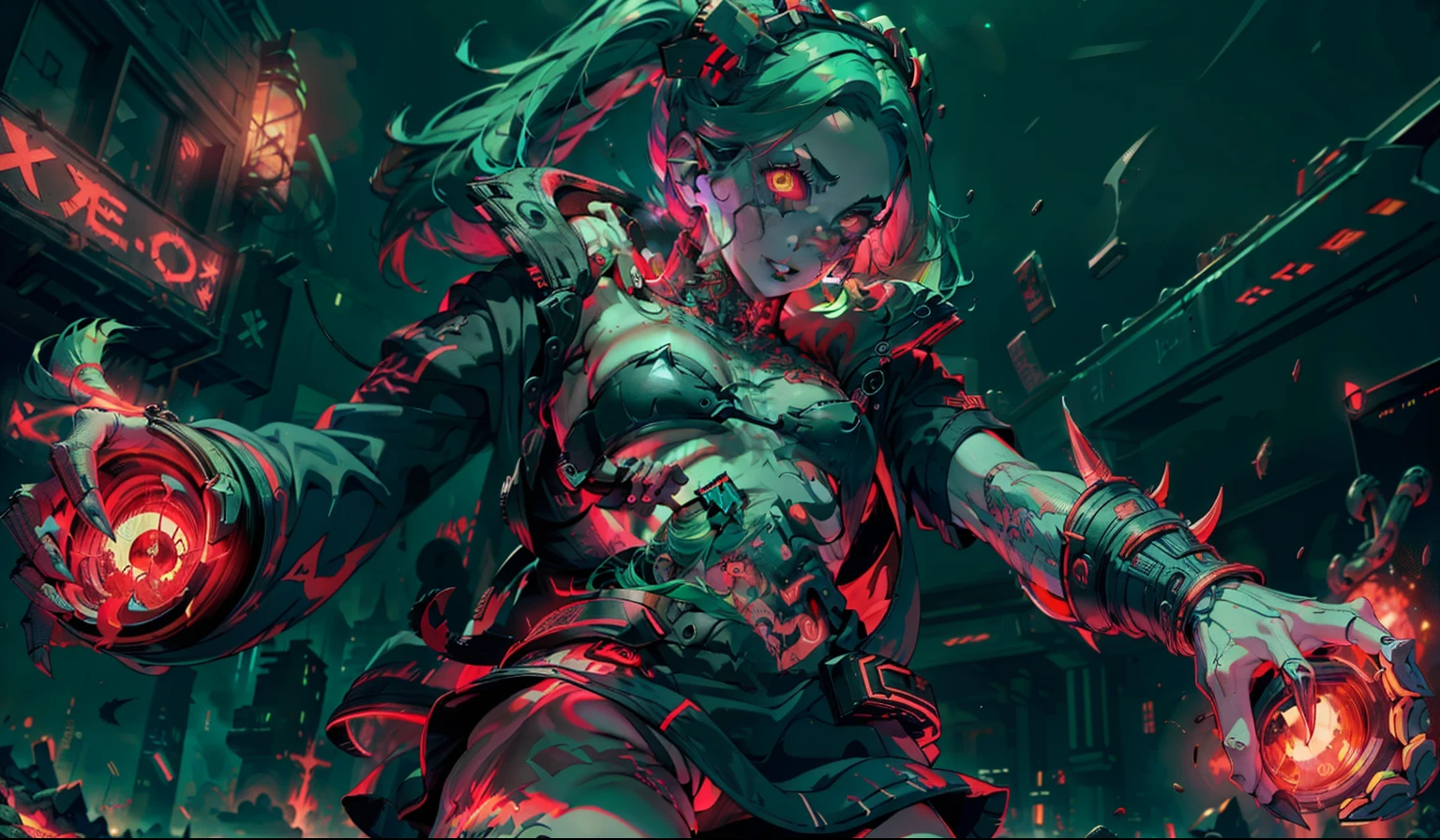 high resolution, obra-prima, melhor qualidade, 1girl, red sclera,red pupils, cyborgunder, green hair, colored skin, demonictech, sitting, many tattoos, roupa futurista, skirt, detalhes neon, estilo cyberpunk neon, ao fundo o submundo, pele finamente detalhada, seios enormes, pernas muito musculosas