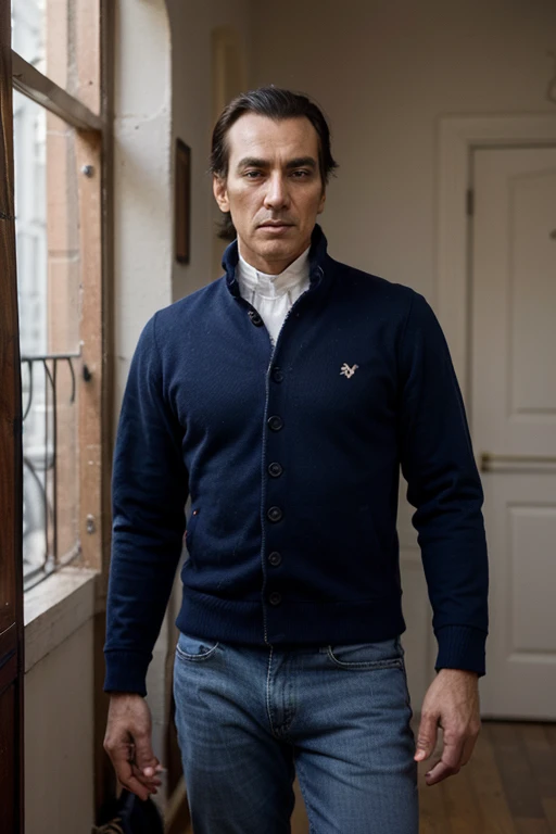 simon bolivar con pelo corto decente y con un buso azul sin cuello un jean ancho
