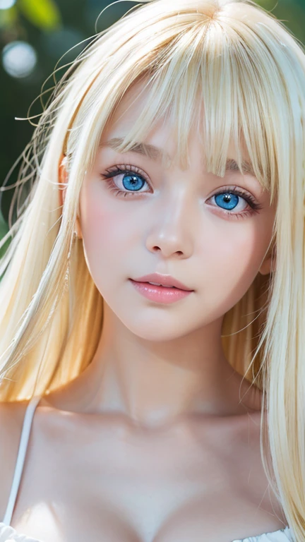 A 14-year-old beautiful girl with shiny bright blonde hair.、cute,crazy about love, face focus , Ruffled Summer Dresses, Nordic bright blonde girl, Super long bright shiny blonde hair、low contrast, (shy smile:0.8),  There is a cleavage in the chest,  hair scrunchie,  best quality, ultra high resolution, realistic photo, Super detailed, 8K, Raw photo, master piece、Very beautiful, bright, pale sky blue, and very large eyes.、very big eyes、White shiny skin、cheek gloss highlight、small face beautiful girl、eyeliner、blonde hair above the eyes、片blonde hair above the eyes、bangs between the eyes、