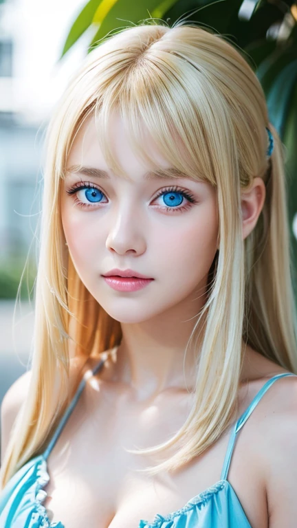 A 14-year-old beautiful girl with shiny bright blonde hair.、cute,crazy about love, face focus , Ruffled Summer Dresses, Nordic bright blonde girl, Super long bright shiny blonde hair、low contrast, (shy smile:0.8), There is a cleavage in the chest, hair scrunchie, best quality, ultra high resolution, realistic photo, Super detailed, 8K, Raw photo, master piece、Very beautiful, bright, pale sky blue, and very large eyes.、very big eyes、White shiny skin、cheek gloss highlight、small face beautiful girl、eyeliner、blonde hair above the eyes、片blonde hair above the eyes、bangs between the eyes、