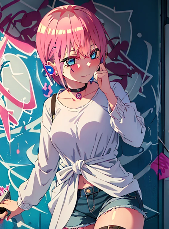 highest quality, masterpiece, High resolution, alone, {nakano_ichika_Goto Fuminohana Name:1.15}, pink hair, short hair, bangs, blue eyes, hairline, smile,Mouth closed, 1 girl, denim shorts, choker, (graffiti:1.5), paint splatters, turn your arms behind your back, towards the wall, looking at the viewer, thigh strap, paint on the body, headset,(masterpiece:1.2), highest quality, High resolution, unity 8k wallpaper, (figure:0.8), (beautiful and fine eyes:1.6), highly detailed face, perfect lighting, Very detailed CG, (perfect hands, perfect anatomy), viewer looking for