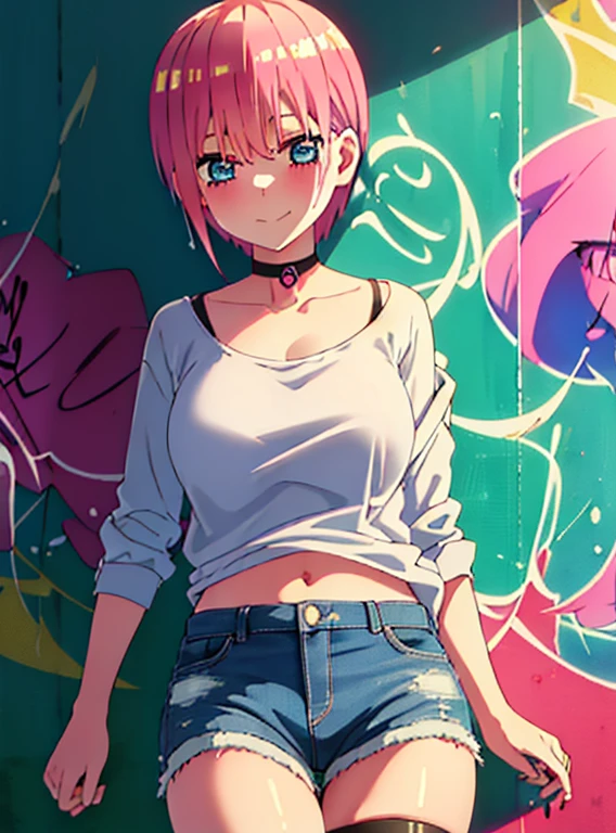 highest quality, masterpiece, High resolution, alone, {nakano_ichika_Goto Fuminohana Name:1.15}, pink hair, short hair, bangs, blue eyes, hairline, smile,Mouth closed, 1 girl, denim shorts, choker, (graffiti:1.5), paint splatters, turn your arms behind your back, towards the wall, looking at the viewer, thigh strap, paint on the body, headset,(masterpiece:1.2), highest quality, High resolution, unity 8k wallpaper, (figure:0.8), (beautiful and fine eyes:1.6), highly detailed face, perfect lighting, Very detailed CG, (perfect hands, perfect anatomy), viewer looking for