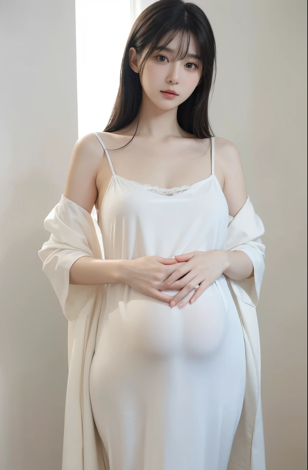 Anime girl in white clothes, pregnant, Realistic shadows, delicate skin, breasts are small, black hair, Very detailed, 8K high-detail face, perfect face shape, perfect lips, Perfect nose, Correct beautiful eyes, watch audience, masterpiece, best quality, single girl, Not wearing, No, alone