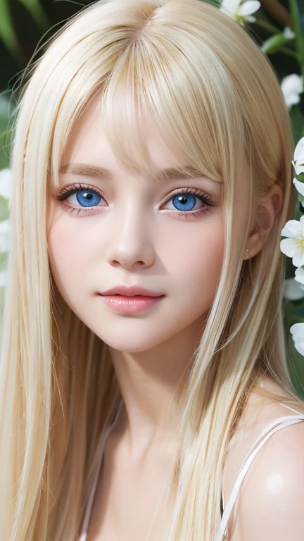 A 14-year-old beautiful girl with shiny bright blonde hair.、cute,crazy about love, face focus , Ruffled Summer Dresses, Nordic bright blonde girl, Super long bright shiny blonde hair、low contrast, (shy smile:0.8),  There is a cleavage in the chest,  hair scrunchie,  best quality, ultra high resolution, realistic photo, Super detailed, 8K, Raw photo, master piece、Very beautiful, bright, pale sky blue, and very large eyes.、very big eyes、White shiny skin、cheek gloss highlight、small face beautiful girl、eyeliner、blonde hair above the eyes、片blonde hair above the eyes、bangs between the eyes、