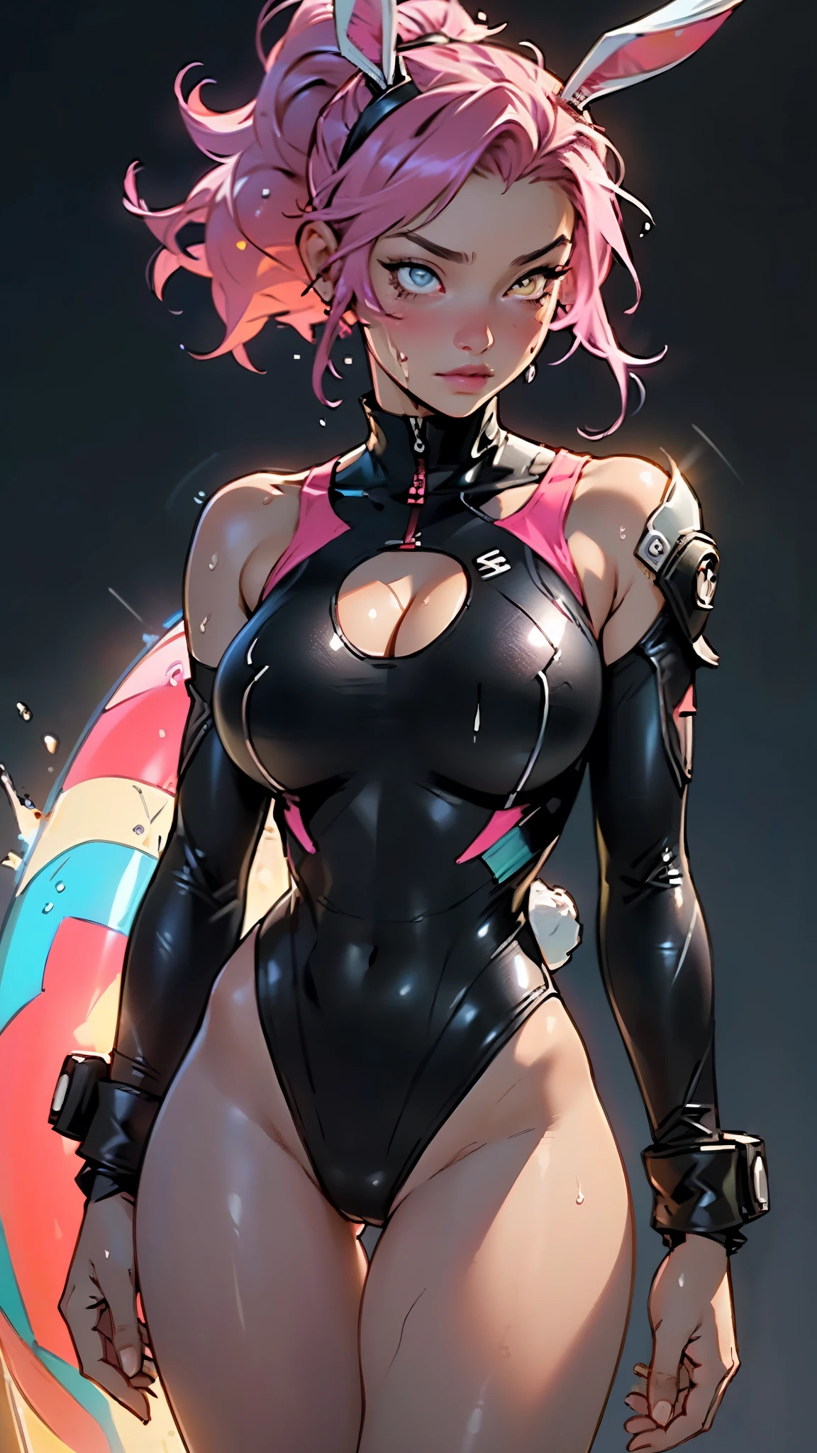 cute bunny girl,(((1girl))),((muscle bunny girl with extremely cute and beautiful magenta hair)),(((bunny girl:1.5,anthro furry cute,bunny-girl))),(((bunny ears:1.5,bunny ears on head:1.5,big bunny ears:1.5))),


(large breasts:1.4),saggy breasts,(((magenta hair:1.35,colored inner hair,ear breathing,ponytail hair))),((heterochromia:1.5, (pink_eye and yellow_eye))),intricate eyes,beautiful detailed eyes,symmetrical eyes,((fat)),(((lustrous skin:1.5,bright skin: 1.5,skin tanned,shiny skin,very shiny skin,shiny body,plastic glitter skin,exaggerated shiny skin,illuminated skin,wet legs))),(spider lower abdomen,narrow waist,wide hip,athletic body,inflated legs, thick thighs,delicate detailed fingers,detailed body,human hands,(detailed face)),muscular,muscular girl,(ABS:1.1),

cute,slutty,seductive,erotic,(((nsfw))),

zettai ryouiki,((slingshot swimsuit black,wearing a slingshot swimsuit outfit:1.3,swimsuit type spacesuit,black armor swimsuit:1.3)),(((huge cleavage))),((wet clothes,intricate outfit,intricate clothes)),

(dynamic pose:1.0),solo focus,embarrassed,(centered,scale to fit dimensions,Rule of thirds),

cyberpunk city by the ocean at night, with bright neon signs and dark stormy clouds and puddles, scenery:1.25,nighttime, starry night, cosmos,Very dark night that makes the neon lights stand out, very bright neon lights,nighttime, starry night, cosmos,

highres, sharp focus, (ultra detailed, extremely detailed), (photorealistic artwork:1.37),(extremely detailed CG unity 8k wallpaper),((synthwave background theme)),(((vibrant colors))),(intricate background),(masterpiece),(best quality),
