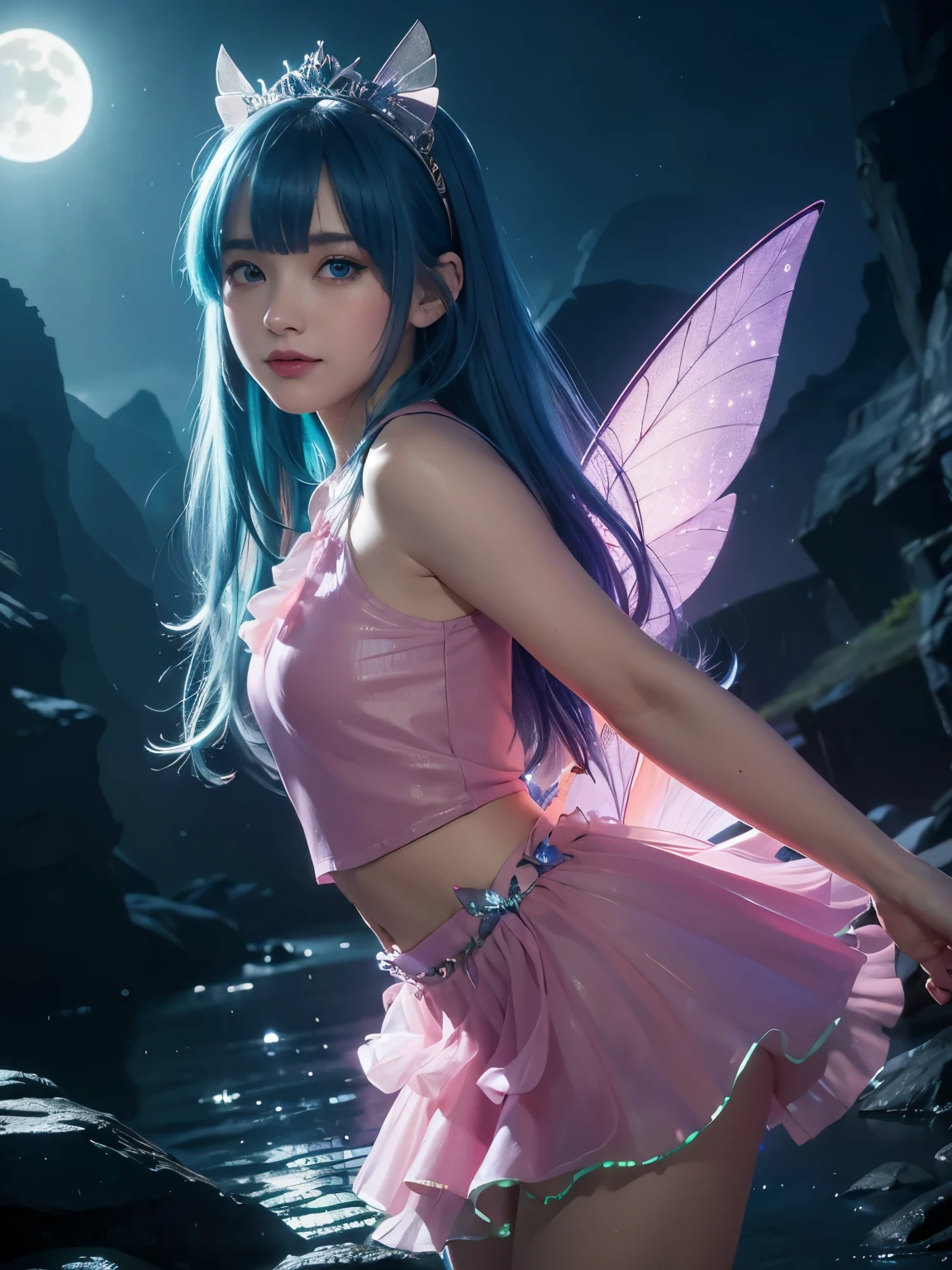 ((masterpiece)), (best quality), official art, extremely detailed CG, unity 8k wallpaper, ultra detailed, highly detailed, vivid color, photorealistic, perfect lighting, best illumination,
Musa, (blue hair, blue eyes, bangs, long hair), (fairy outfit), (pink croptop, sleeveless, pink skirt, sparkling clothing, fairy wings, purple tiara),  smile, happy, half-body-photo, neon lighting, dark romantic lighting, gradients, dynamic pose,moon, night, forest, mountain, stream.