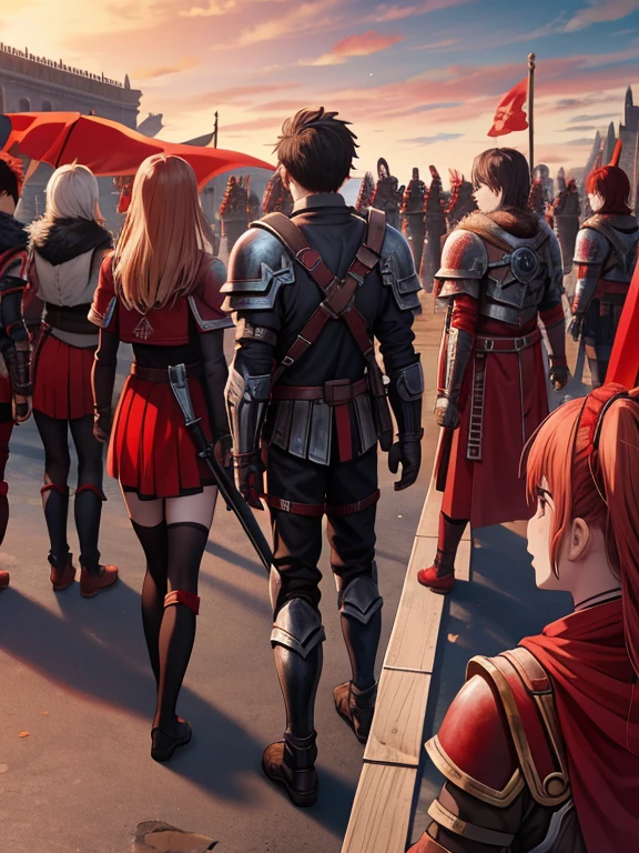 7 girls; 6 boys; They stand in a row facing each other; They carry a red flag with "Ragnarok" on it; they wear armor