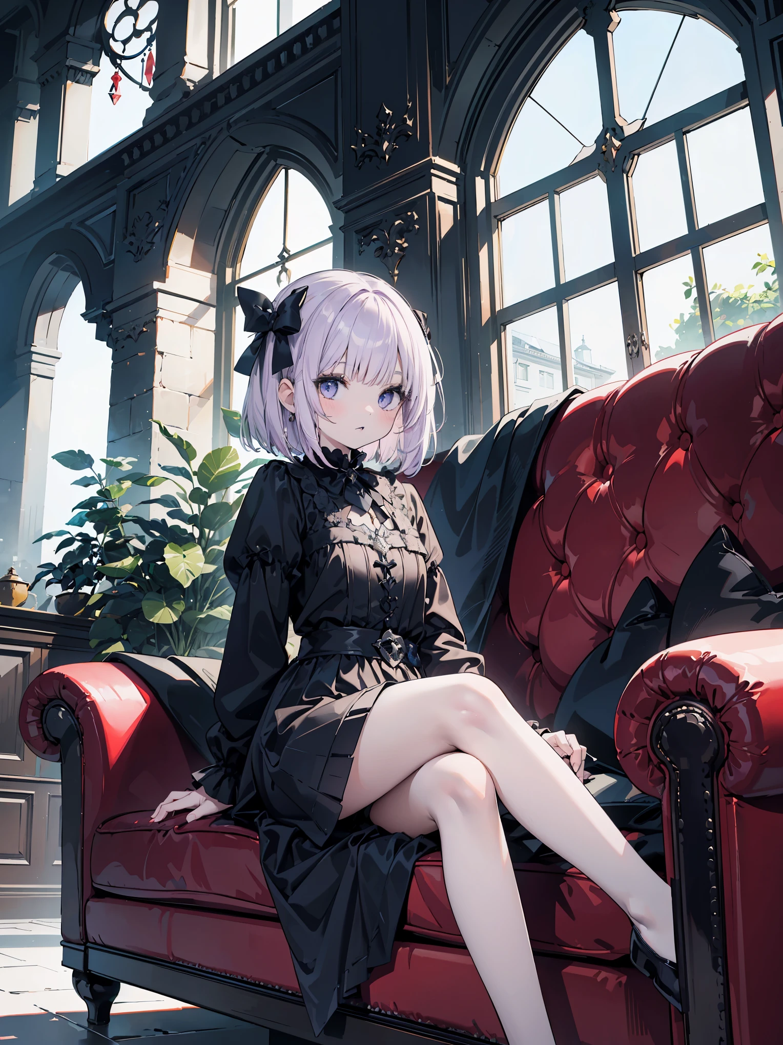 highest quality, table top, 1 girl, my, (thin:1.3), medium breasts, (lilac hair:1.3), Medium hair, wavy hair, (braid bob cut hair), (dull bangs:1.3), looking at the viewer, bow, (Medieval fantasy:1.3), Detailed sense of depth, (Hair bow:1.3), (Red Goss Raleigh:1.3), horizontal view, (Sit with your legs spread apart on a gothic sofa:1.3), (Black sofa:1.2), front angle, (black and white window:1.3), (black interior:1.2), (black lips:1.3), [[[[multiple arms]]]], [[[Pursuit of ultimate beauty]]]