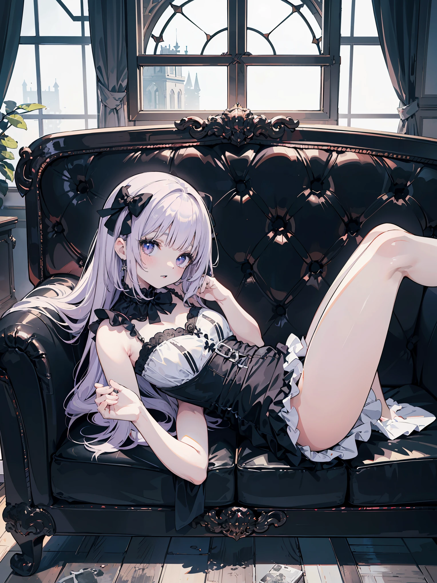 Make a girl with white hair, with a black dress, sitting on a sofa reading a book.