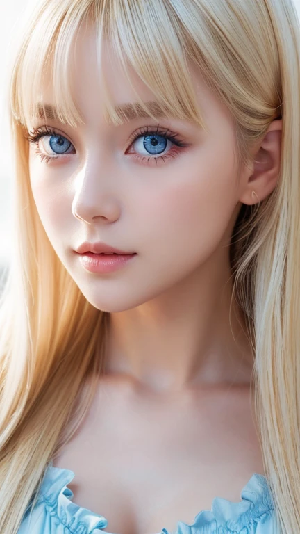 A 14-year-old beautiful girl with shiny bright blonde hair.、cute,crazy about love, face focus , Ruffled Summer Dresses, Nordic bright blonde girl, Super long bright shiny blonde hair、low contrast, (shy smile:0.8), There is a cleavage in the chest, hair scrunchie, best quality, ultra high resolution, realistic photo, Super detailed, 8K, Raw photo, master piece、Very beautiful, bright, pale sky blue, and very large eyes.、very big eyes、White shiny skin、cheek gloss highlight、small face beautiful girl、eyeliner、blonde hair above the eyes、片blonde hair above the eyes、bangs between the eyes、